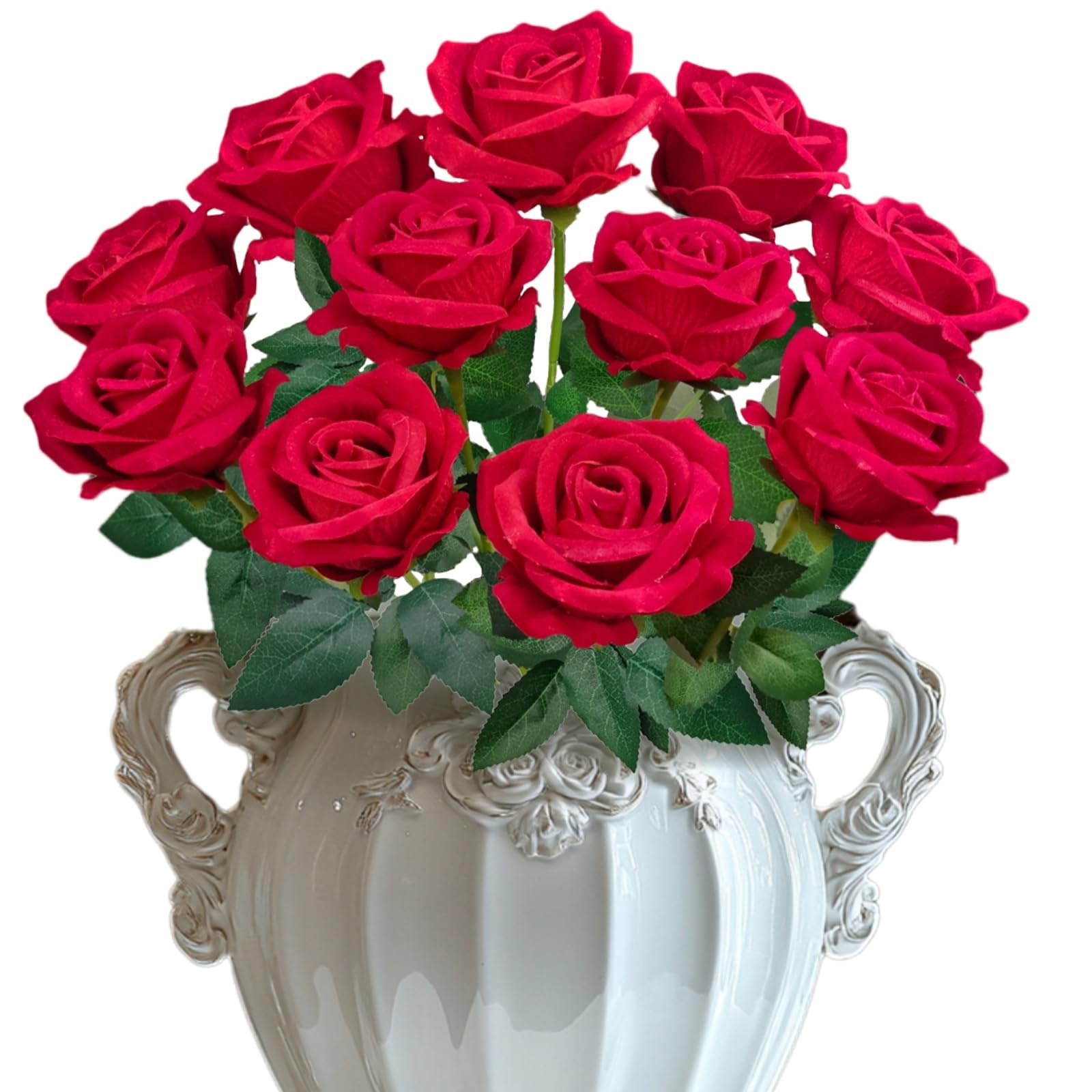 10 PCS Velvet Fake Red Roses Artificial Red Flowers Bulk, Silk Faux Roses wit…