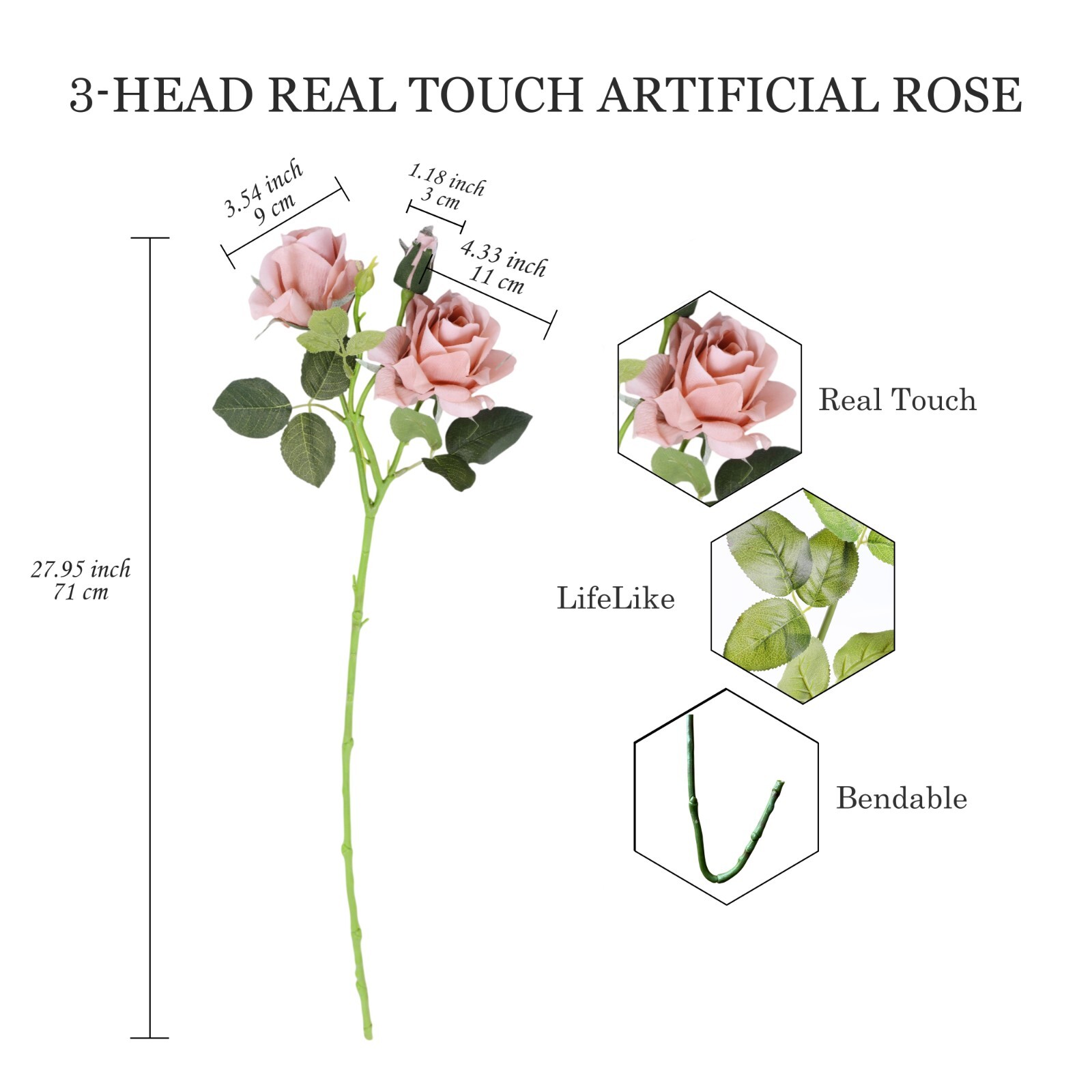 10pcs Artificial 3-Head Dark pink rose Each Stem Features 2Full Blooms and 1bud