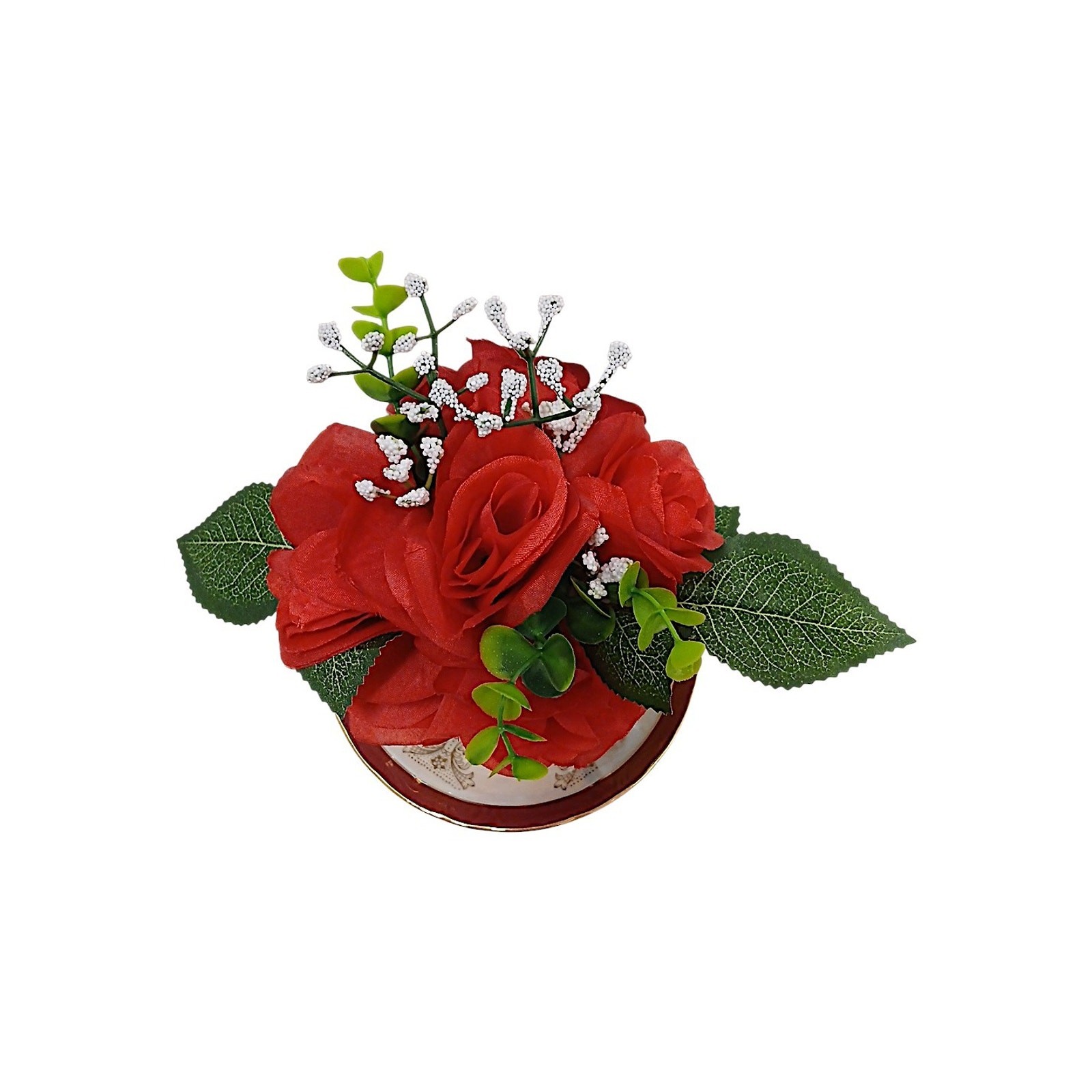 Silk Floral Arrangement Red Roses Leafy Tea Party Cup POP-IN Love Romantic Gift