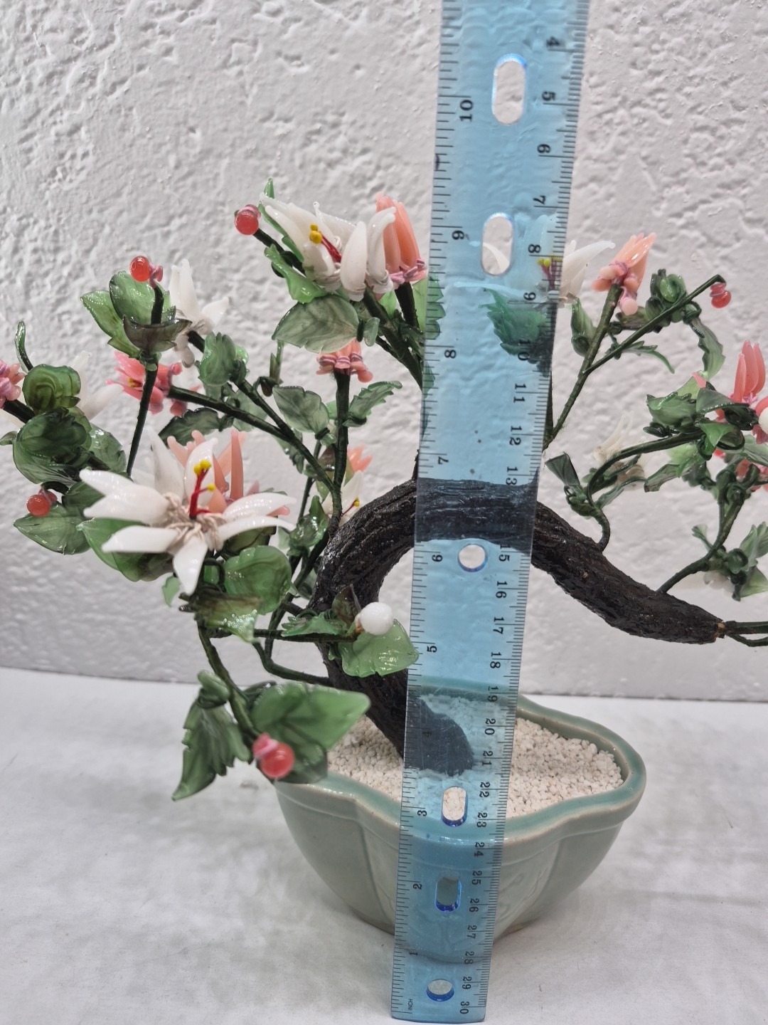 Vintage Chinese Glass Stone Jade Cherry Blossom Bonsai Tree Pink & White Flowers