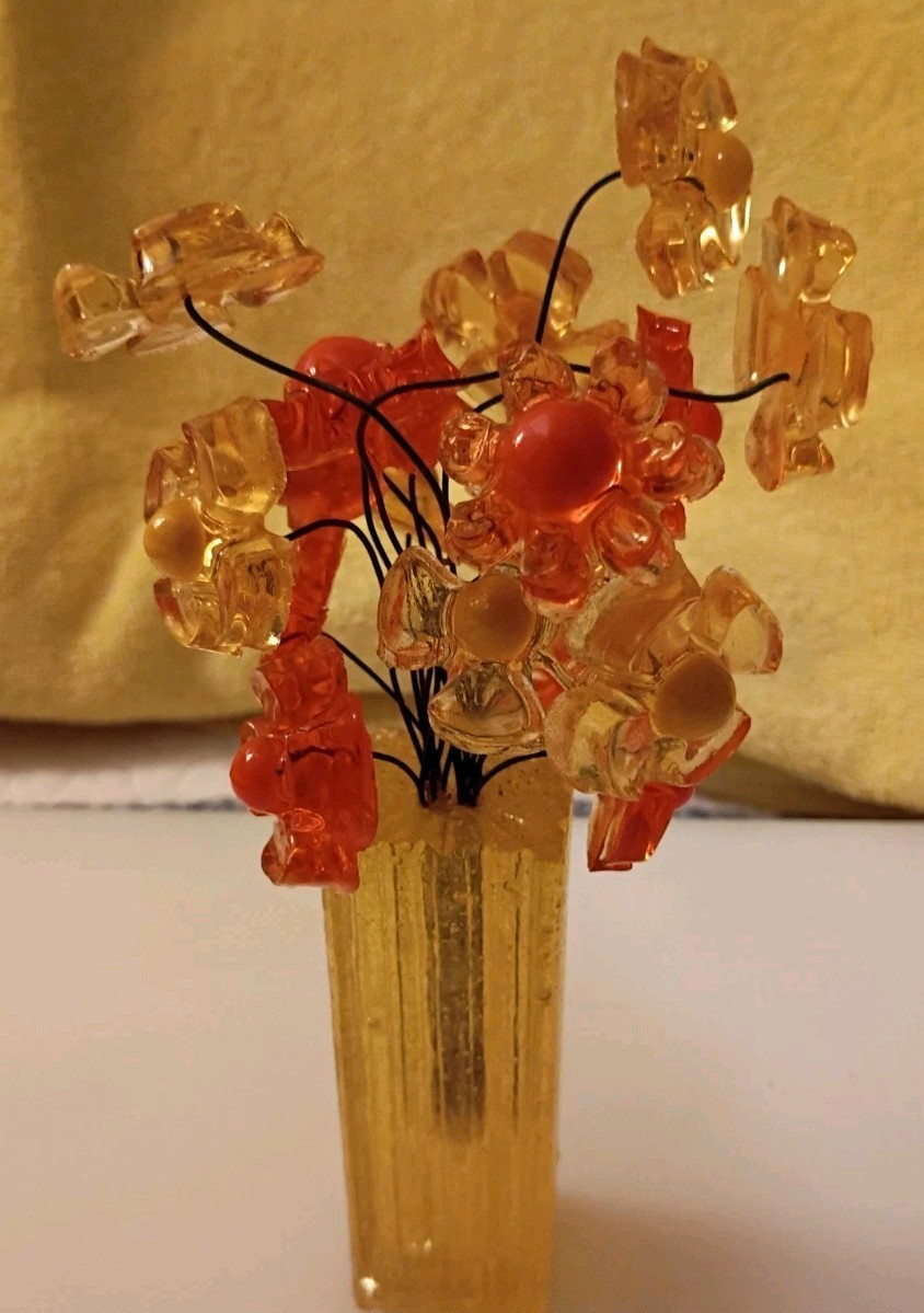 Colorflo 1960/70s Lucite Acrylic Mod Orange/Yellow Flowers In Lucite Vase