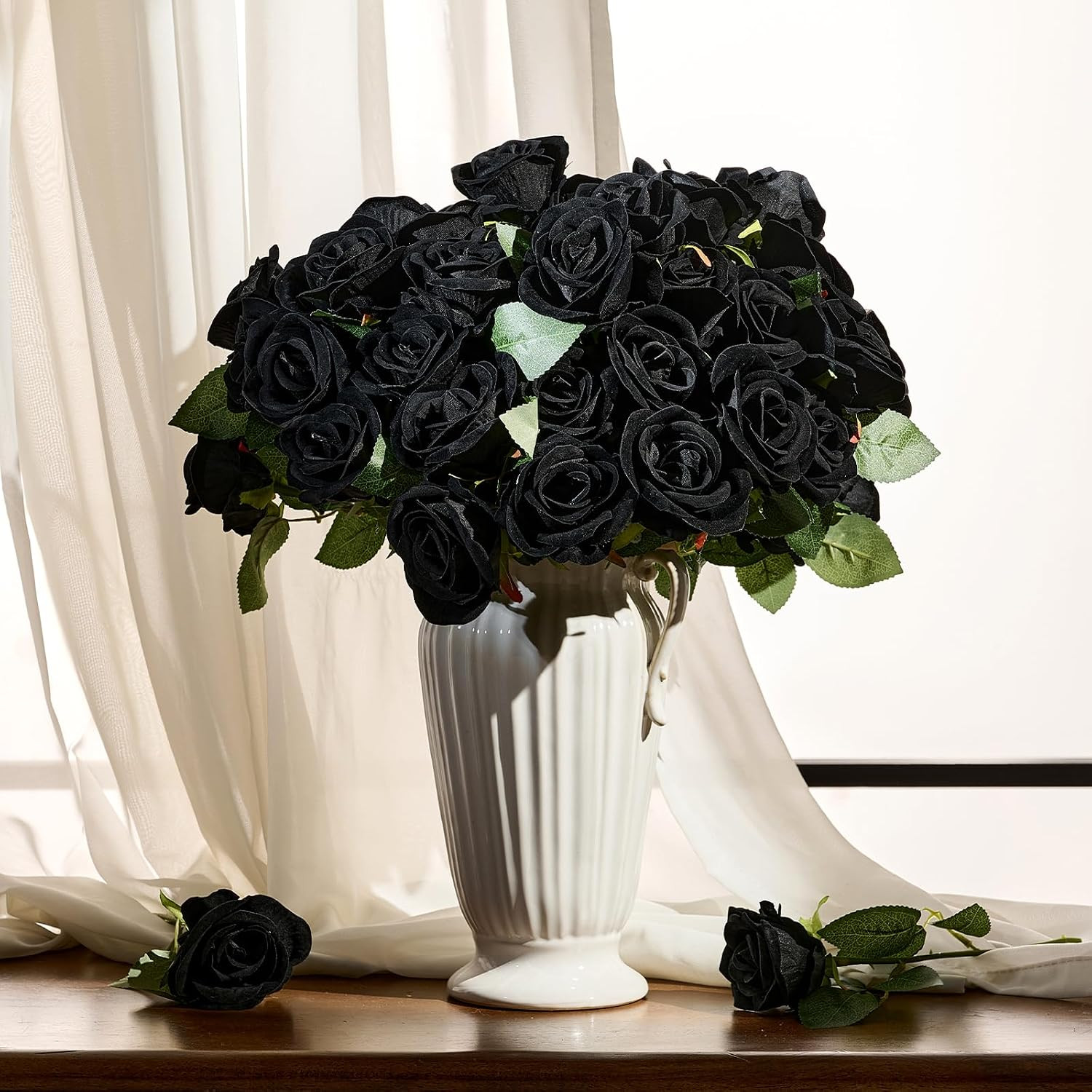 Amyhomie 48 PCS Black Roses Velvet Realistic Artificial Flowers with Bendable St