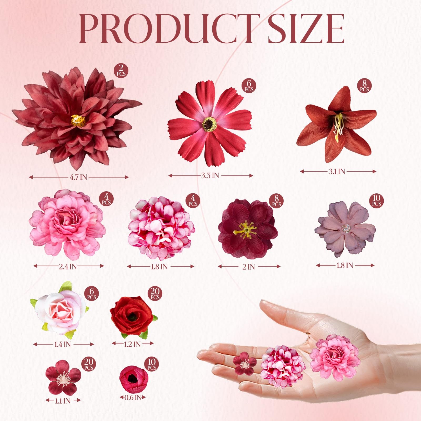Artificial Flowers Heads for Craft, 98 Pcs Mix Red Silk Faux Flower Combo wit…