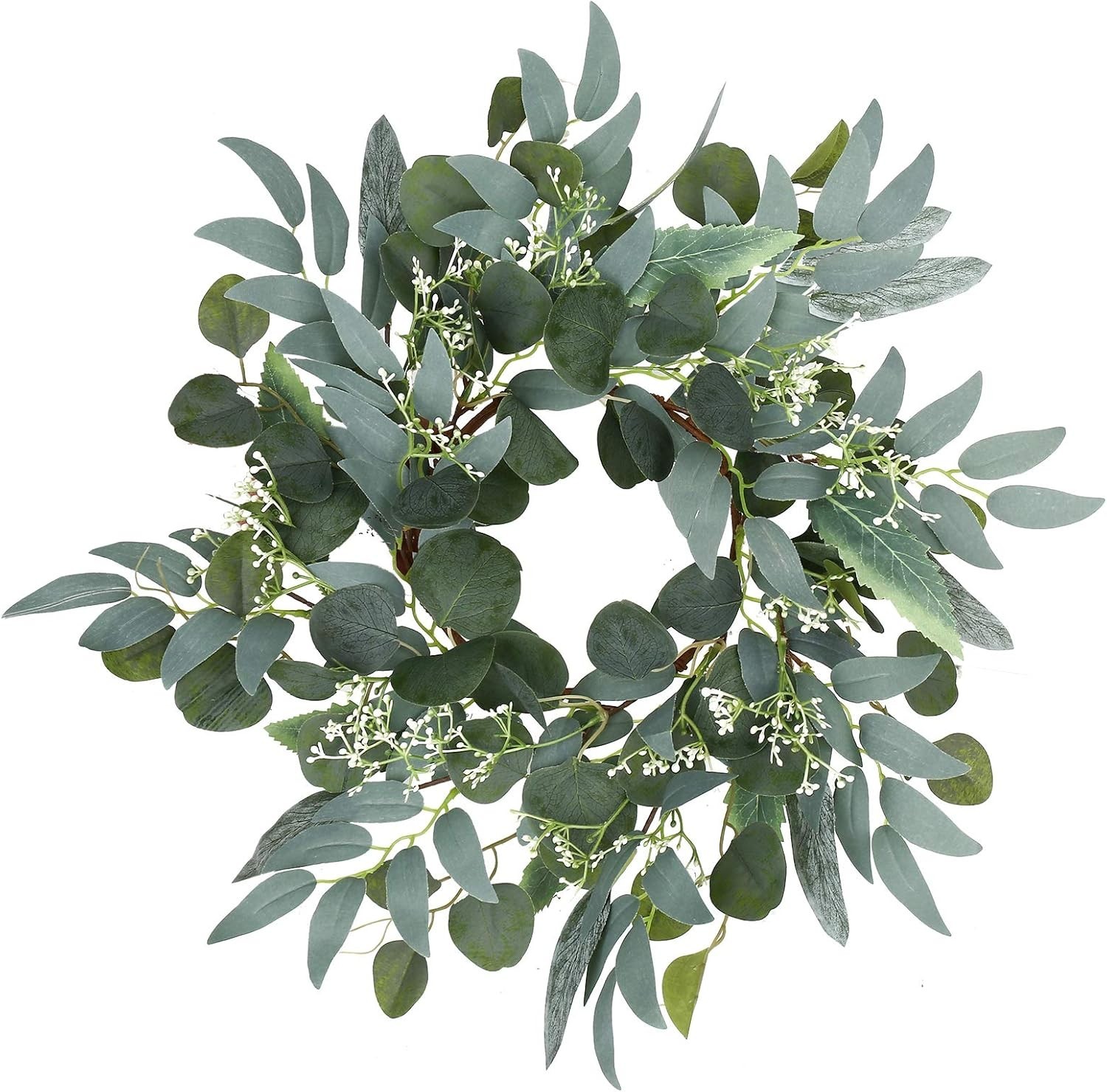 Artificial Green Eucalyptus Wreath 15 Inches Indoor Outdoor Front Door Decor