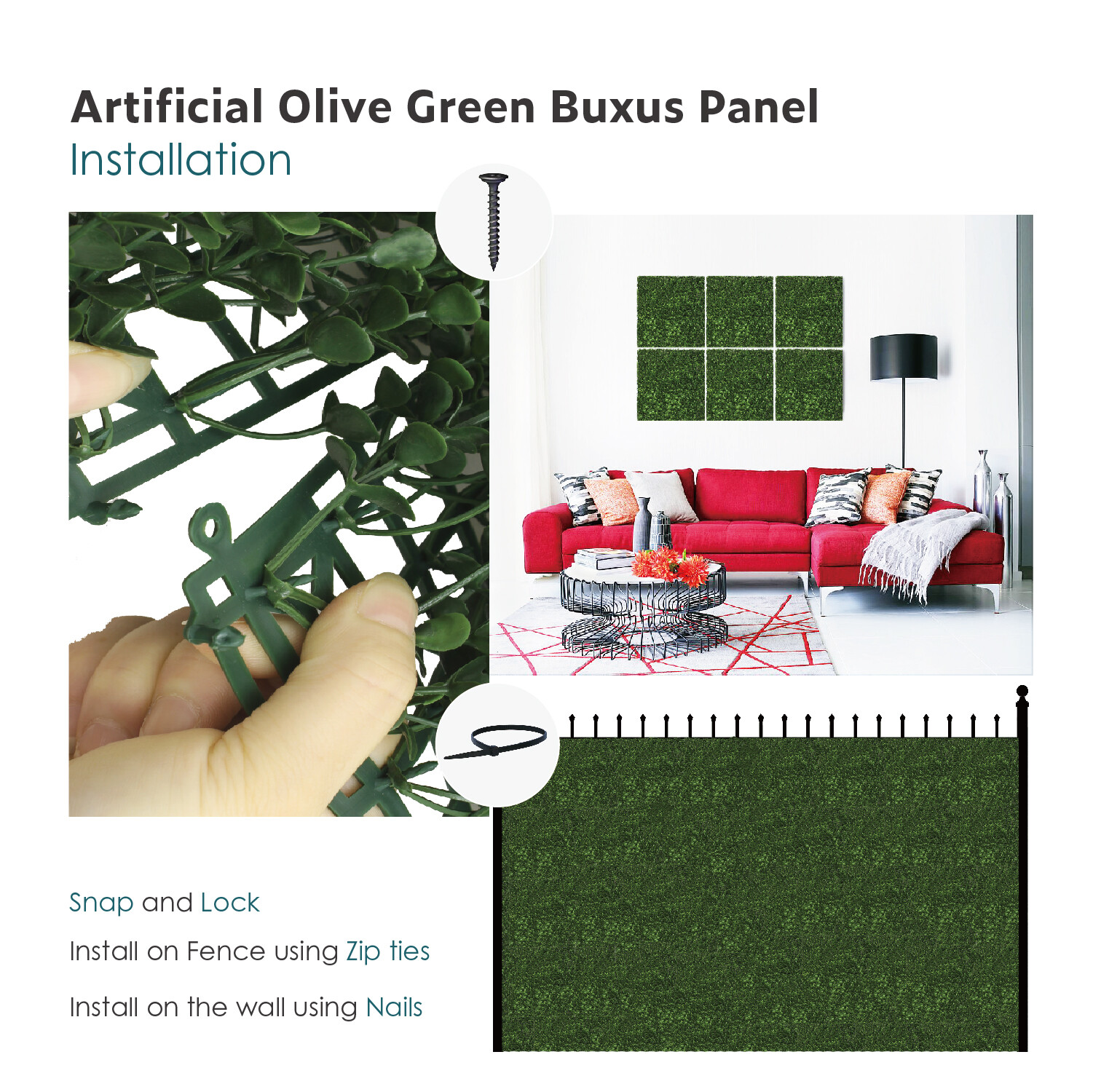20in Artificial Olivia Buxus Mat Faux Fence Panel Wall Decor Ficus Grass Hedge