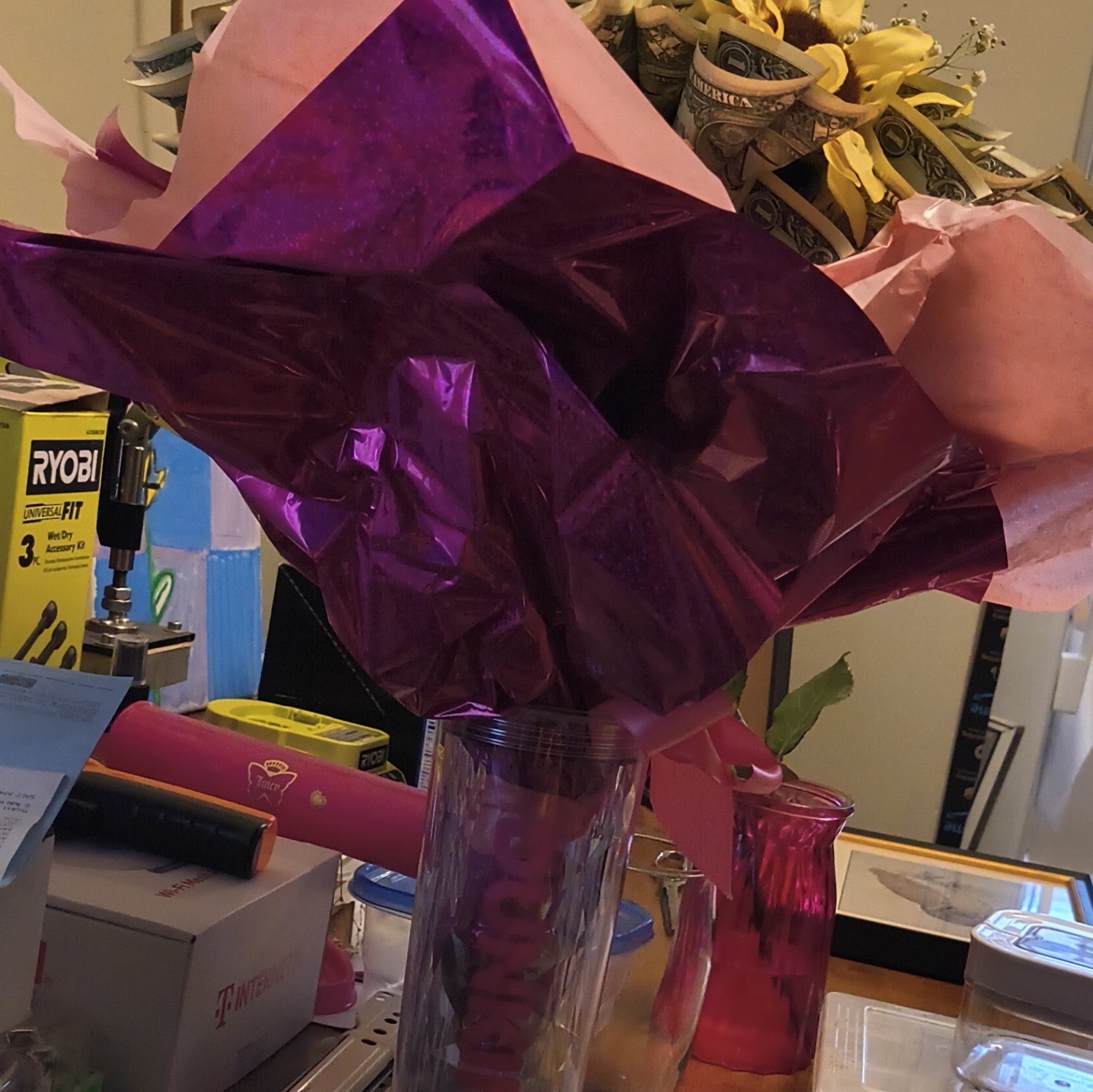 Sunflower REAL money flower bouquet decoratively wrapped with 70 real $1 bills