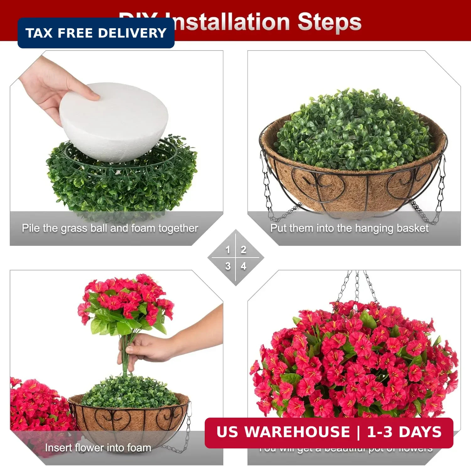 Ammyoo Artificial Hanging Flower Plants with Basket for Outdoor Decoration, Faux