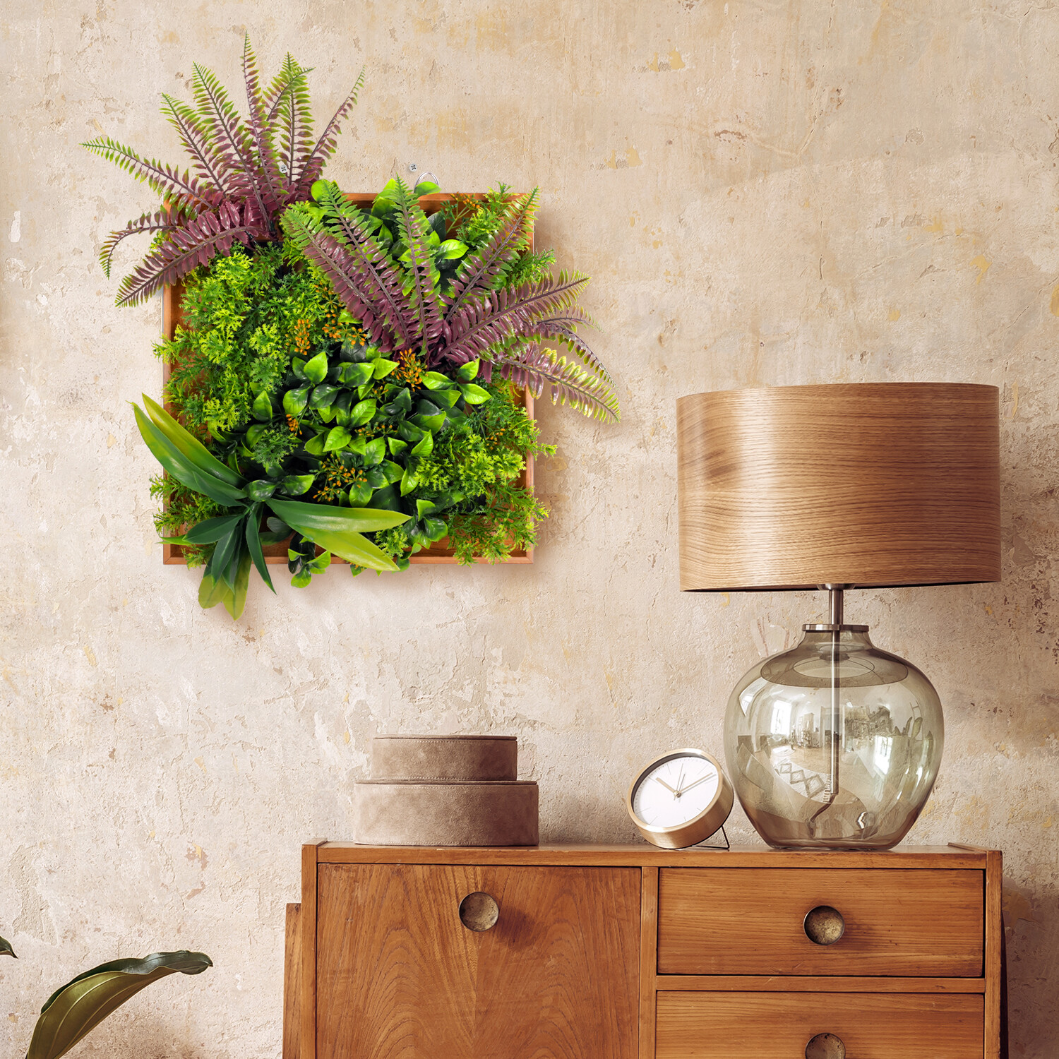 Artificial Plants Green Wall Decor with Square Wooden Frame 13in, Light Green