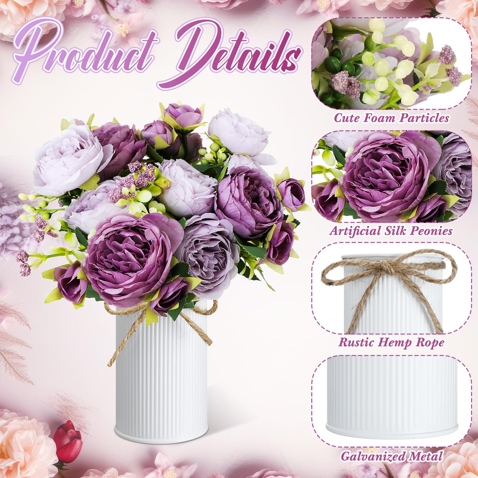 3 Sets Artificial Peonies Flower Peony Bouquet with Galvanized Metal Pot Silk…