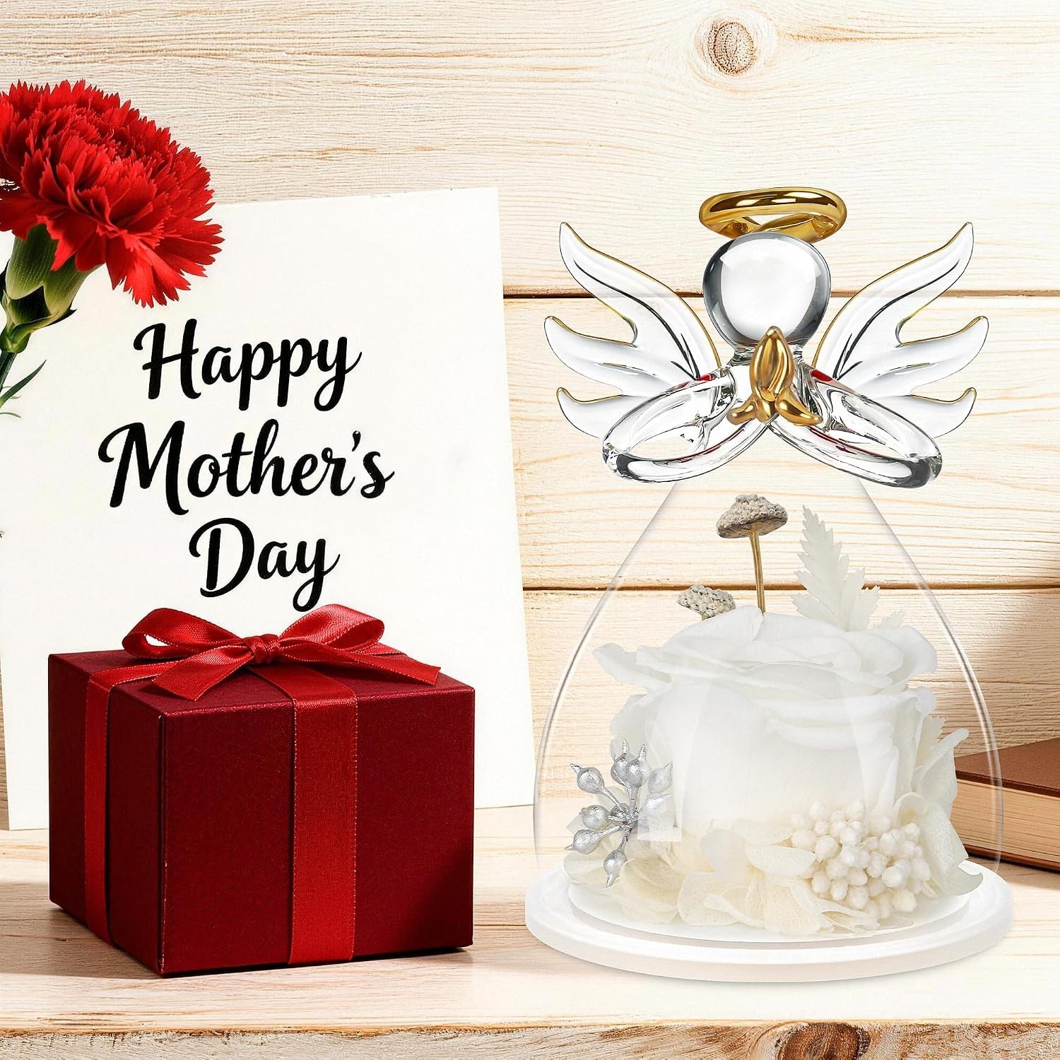Preserved White Rose in Glass Angel Figurine for Special Occasion Gifts