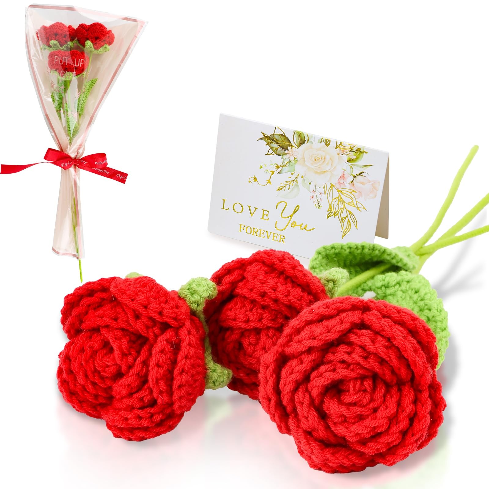 3 Pcs Handmade Crochet Rose Bouquet – Everlasting Floral Decor for Home Offic…