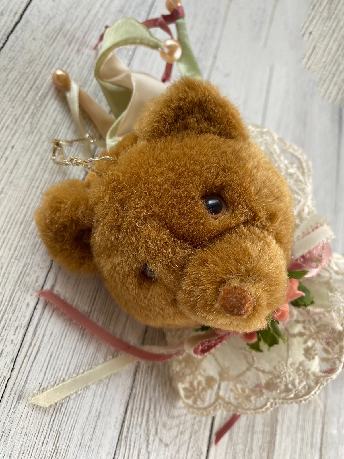 Fancy Teddy Bear with Ribbons, Lace, Flowers on a Stick ~ Unique Wall Decor