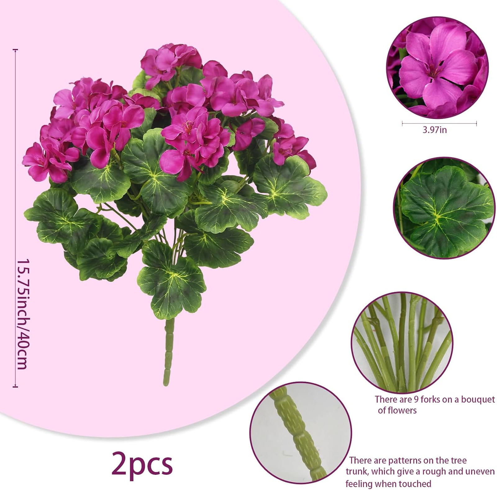 Artificial Geranium Flowers Fuchsia Silk Outdoor Patio Cemetery Garden