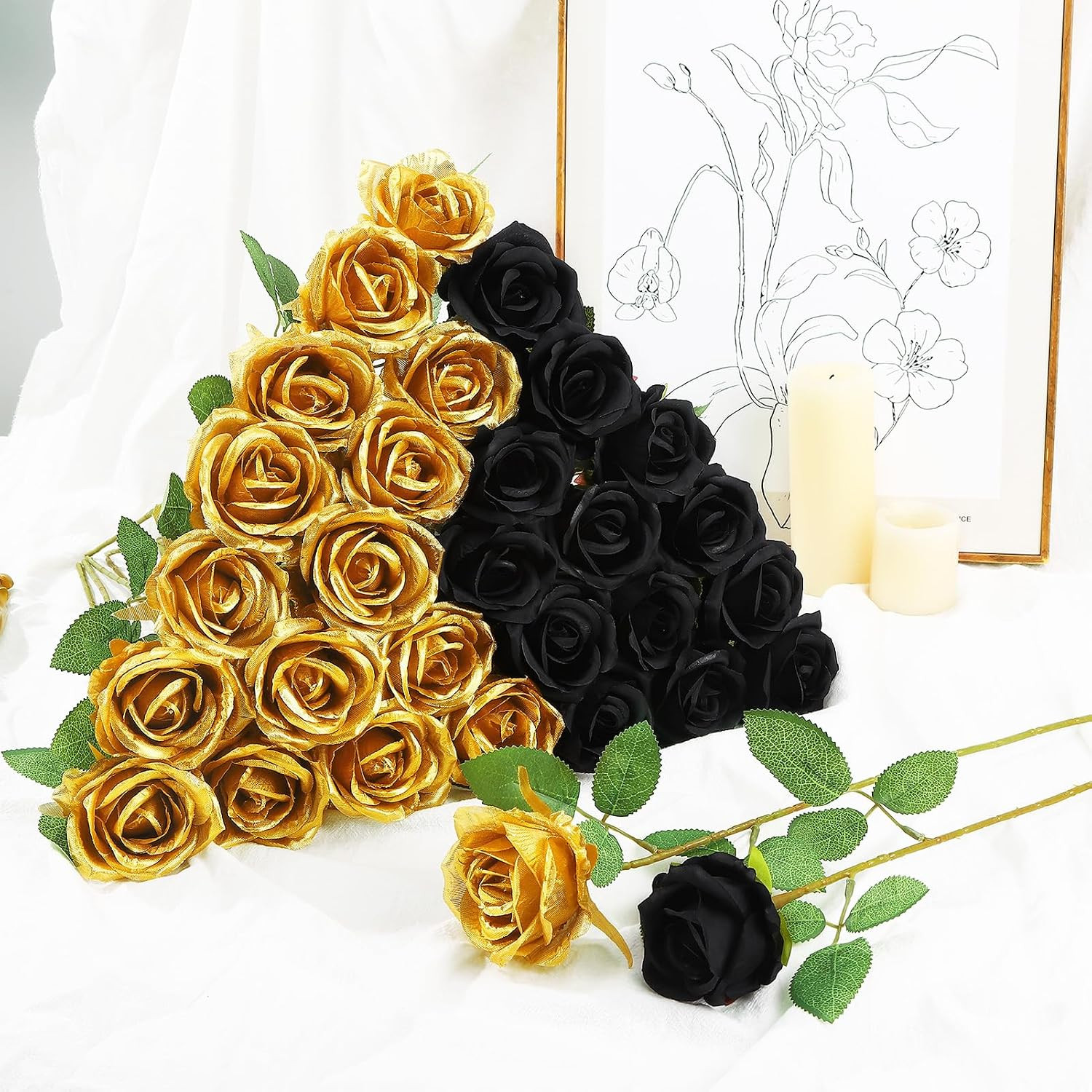 72 Pcs Gold & Black Artificial Roses for Home, Wedding & Birthday Decor