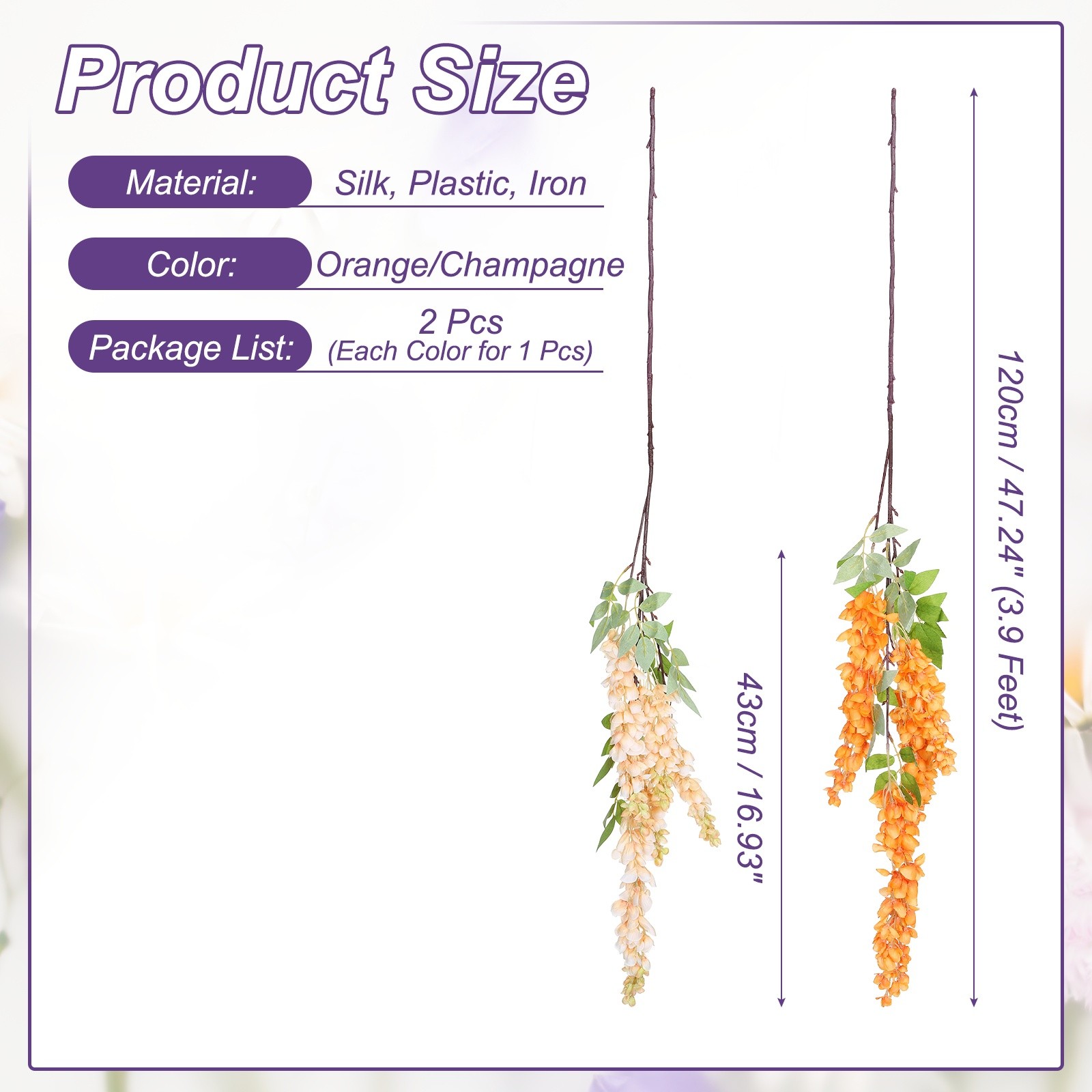 2Pcs Artificial Wisteria Hanging Flowers 3.9ft Fake Hang Floral Orange/Champagne