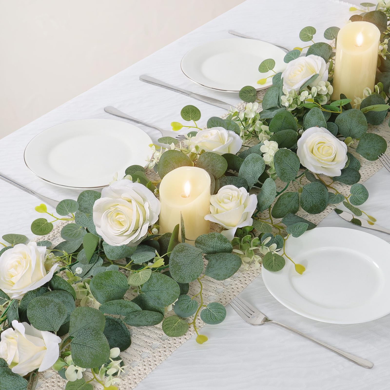 2Pcs(13 Ft) Artificial Eucalyptus Flower Garland with White Rose Flowers,Faux…