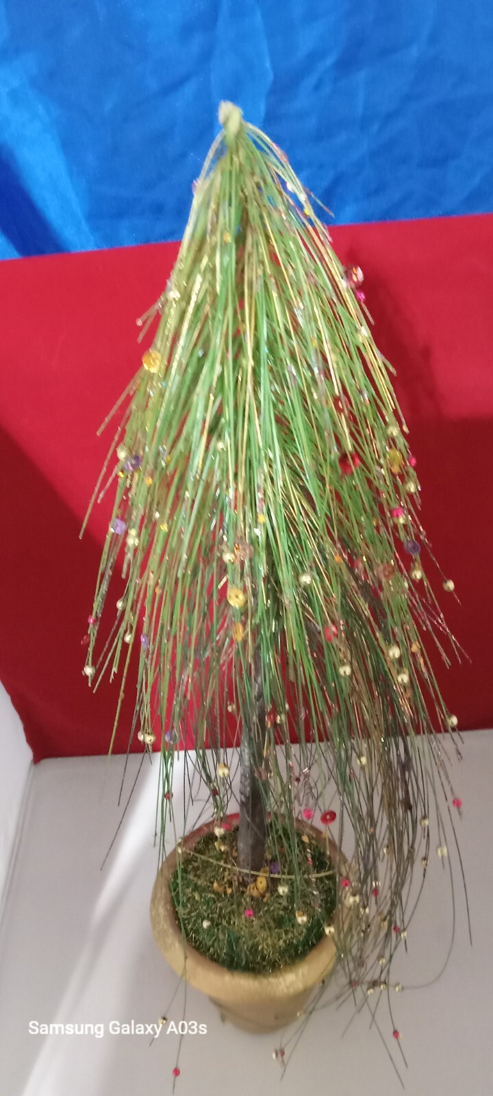 Faux Long Needle Pine In Gold Pot 19″ Tall Wth Sparkles