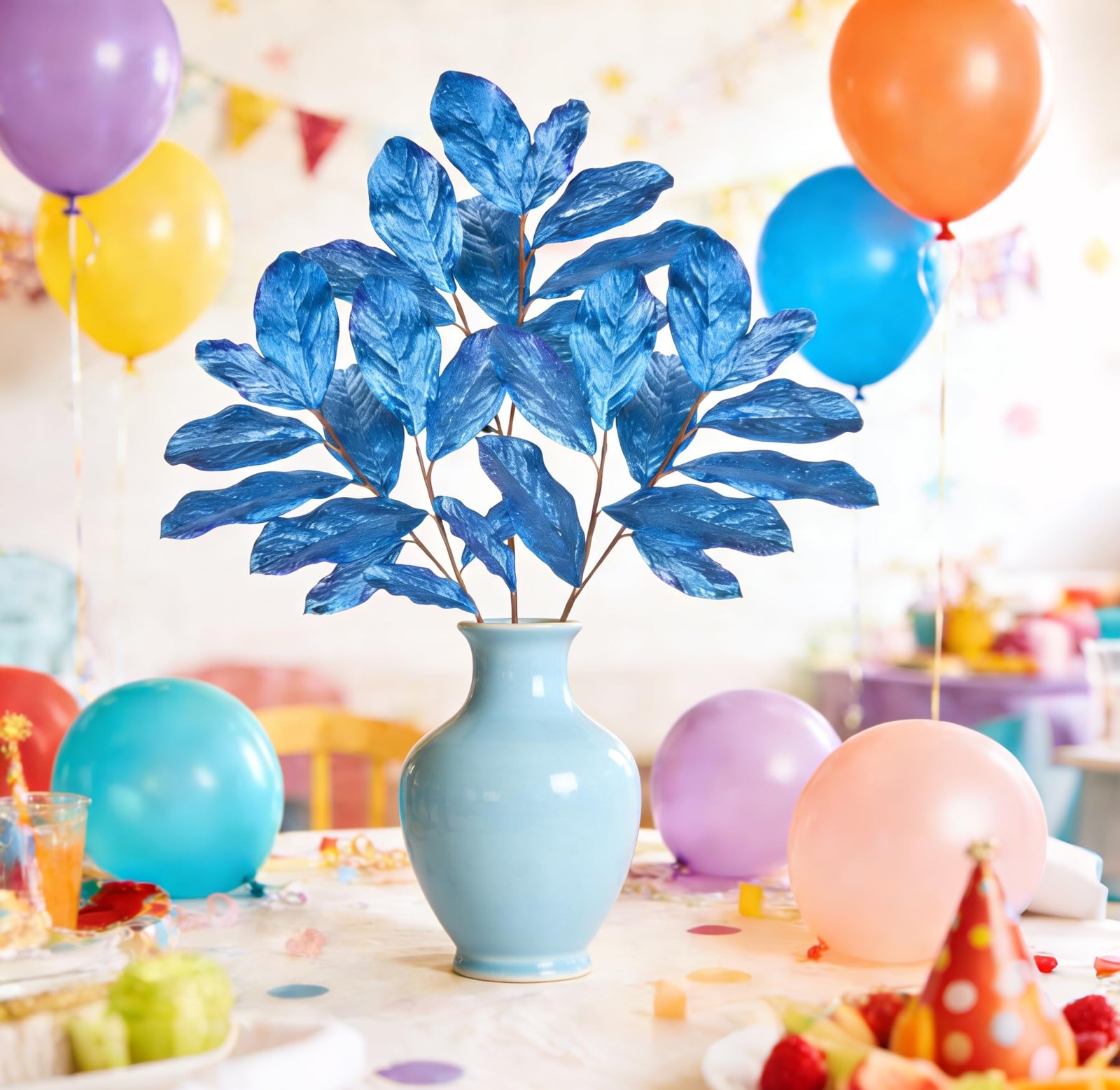 31″ Royal Blue Glitter Magnolia Leaves Stems Picks and Sprays, Artificial Gli…
