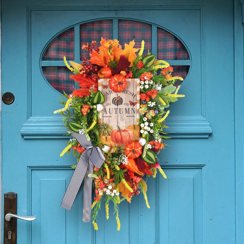 Artificial Autumn Wreath for Front Door or Porch, Multicolor Pumpkin