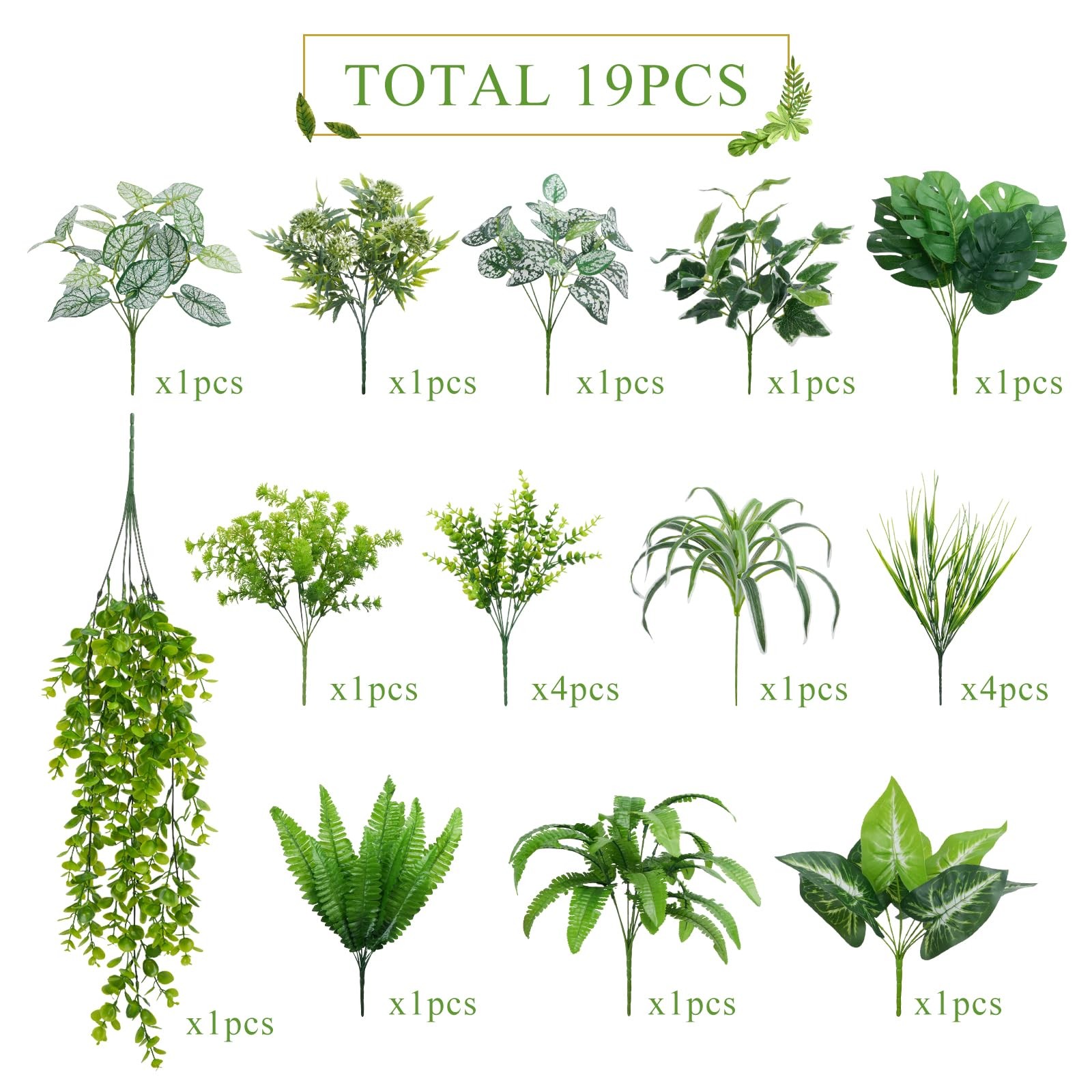 19Pcs Artificial Plants Outdoor UV Resistant Fake Shrubs Bushes Plastic Green…