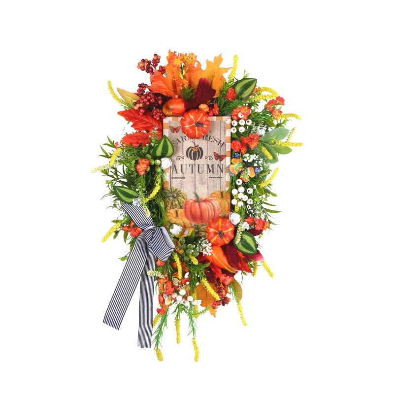 Artificial Autumn Wreath for Front Door or Porch, Multicolor Pumpkin