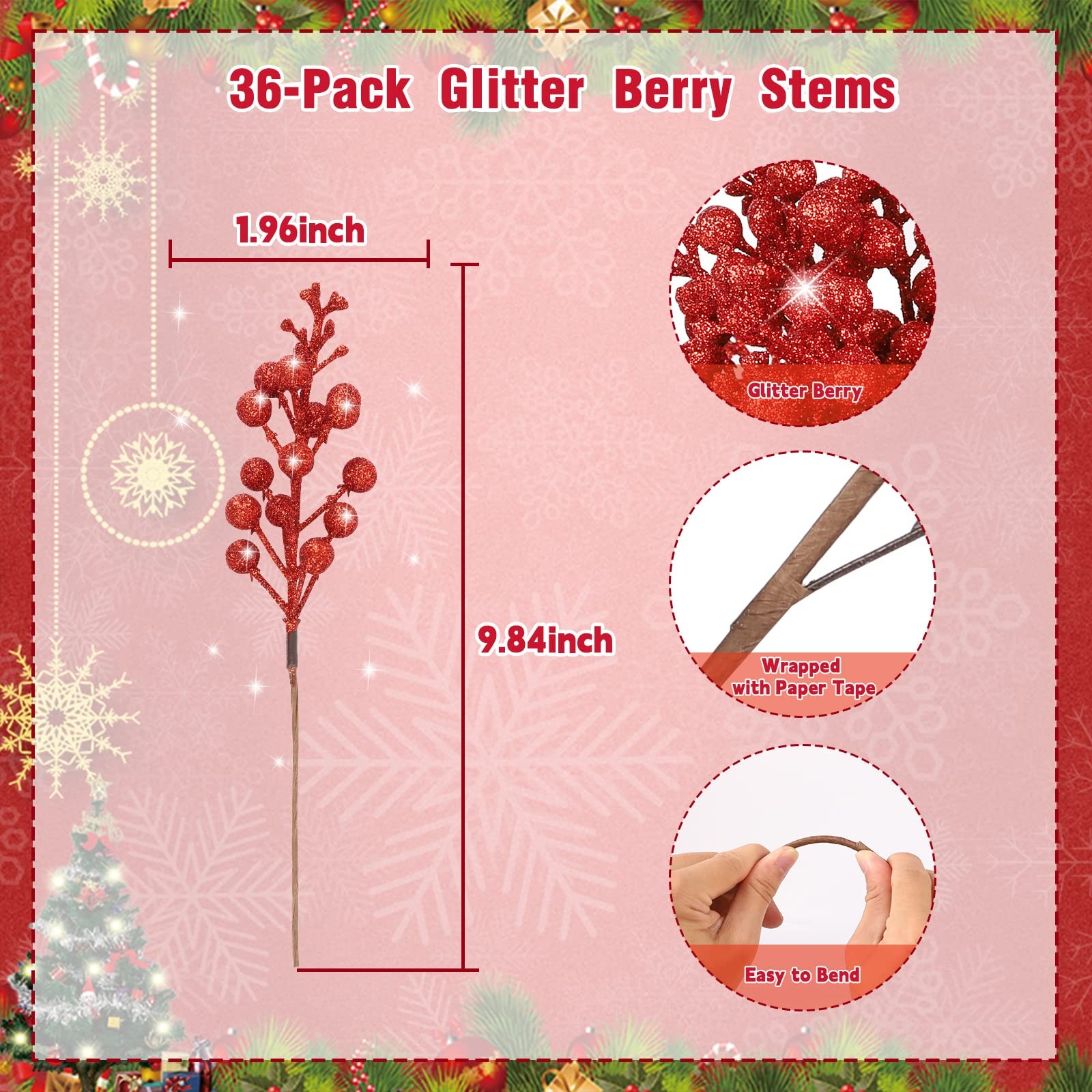 36Pcs Christmas Glitter Berries Stems, 9.5 Inch Artificial Christmas Tree Pic…