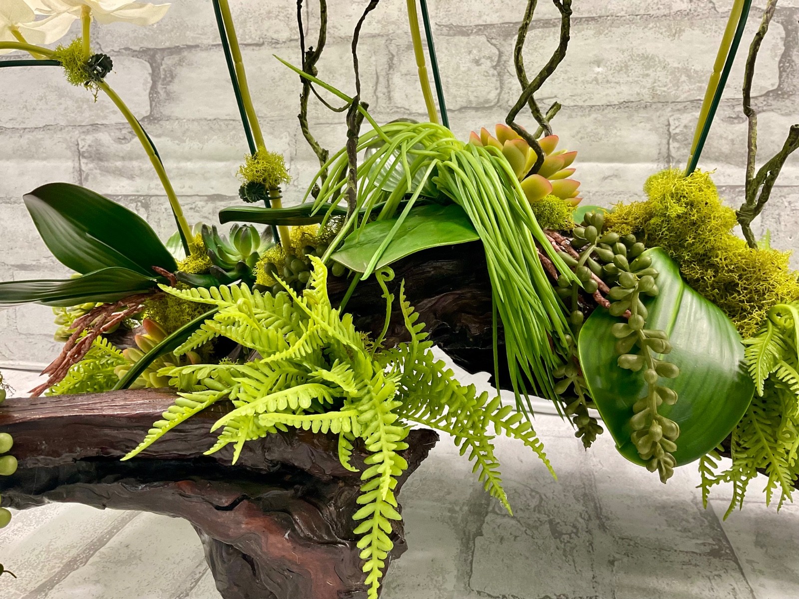 Large Driftwood Orchid Arrangement, White Real Touch Orchids Succulents 28’x17′