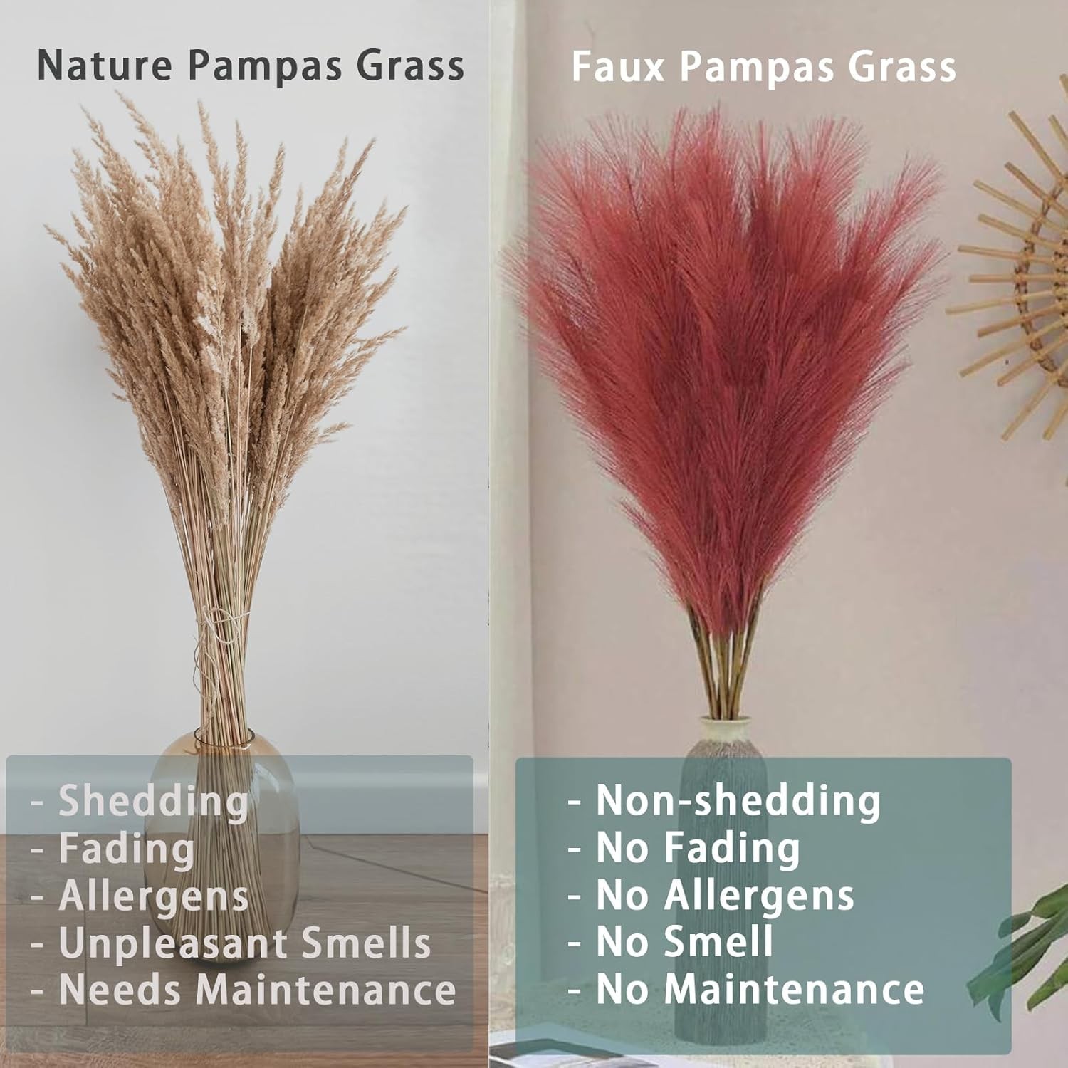 38″ 10 Stems Faux Pampas Grass Tall – Red Tall Pampas Grass Decor Pompas Flor…