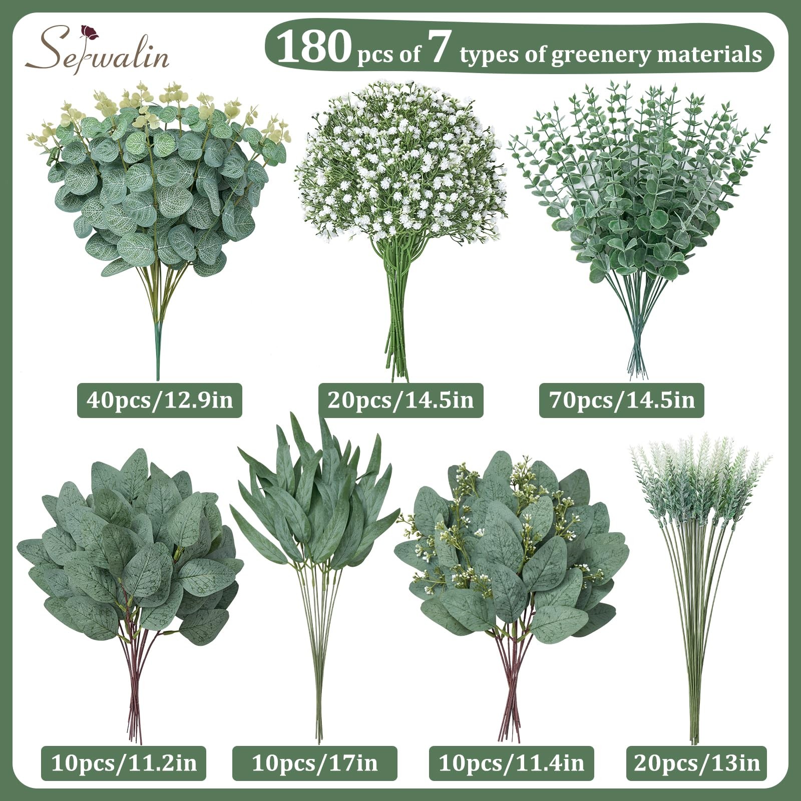 180 Pcs 7 Kinds Mixed Artificial Eucalyptus Greenery Stems Bulk, Baby Breath …