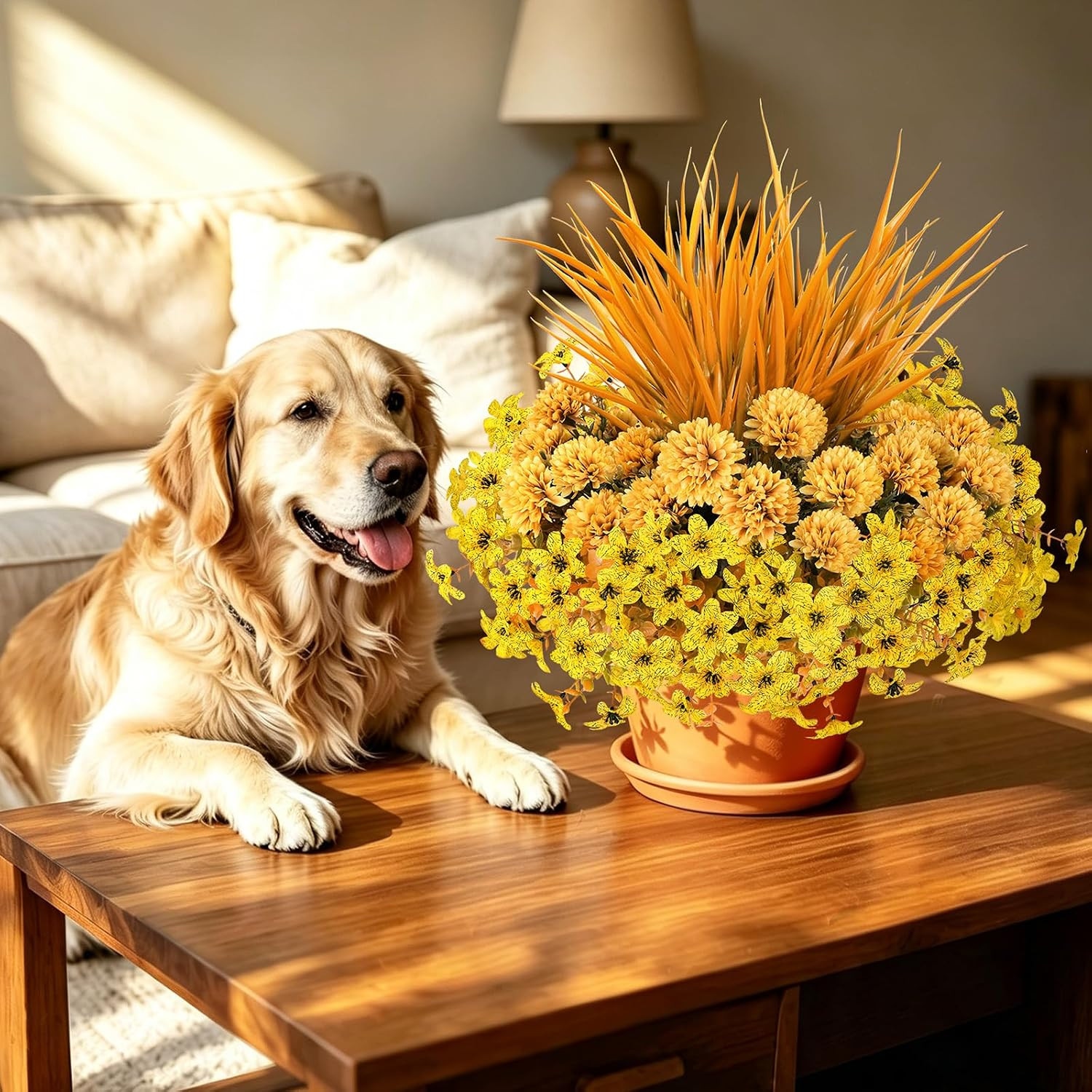 8 Bundles Yellow Faux Mums Flowers for Outdoor Planters and Gardens