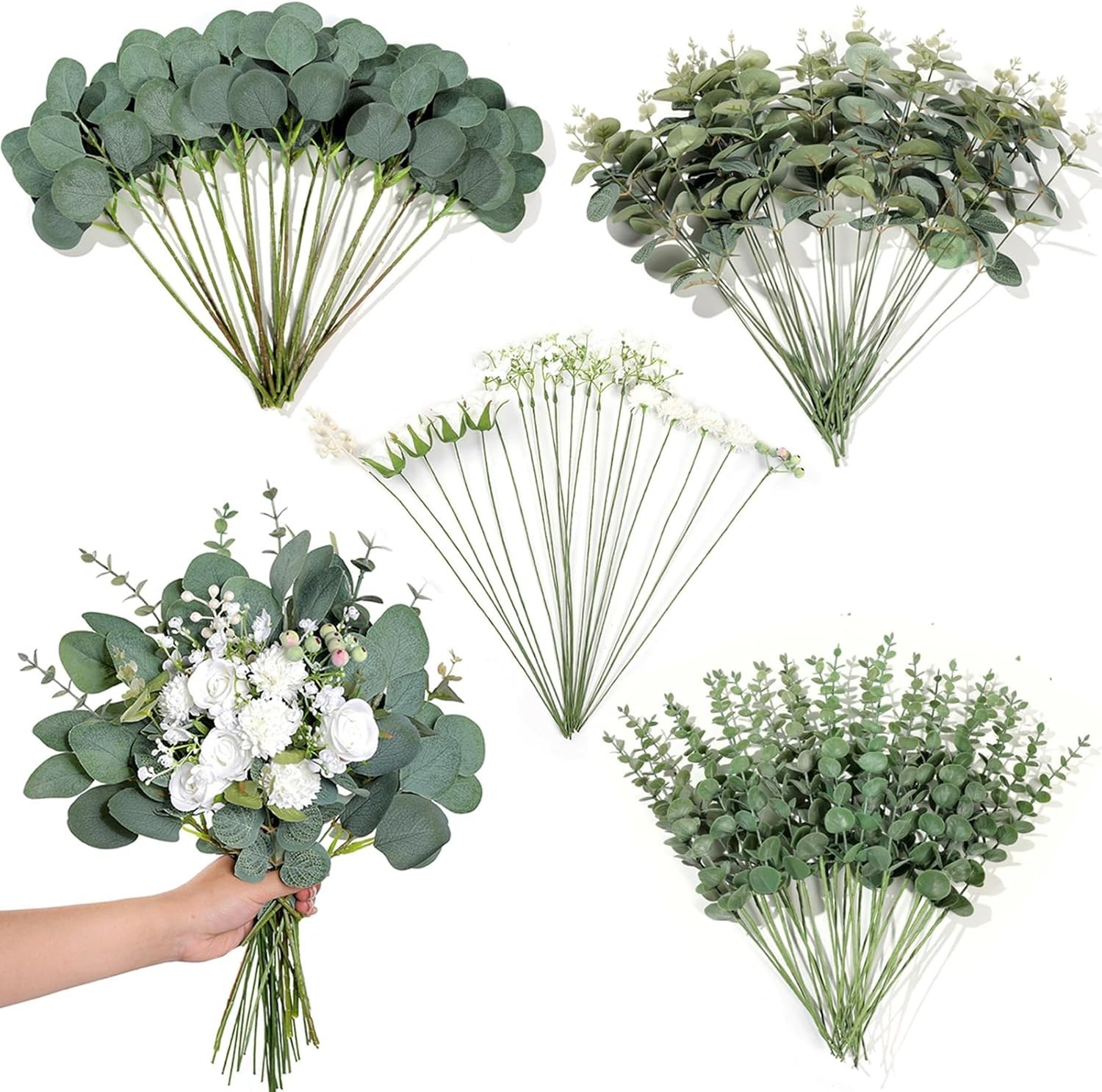 Eucalyptus Stems and Mixed Flowers 110 Pcs Realistic Greenery for Arrangements