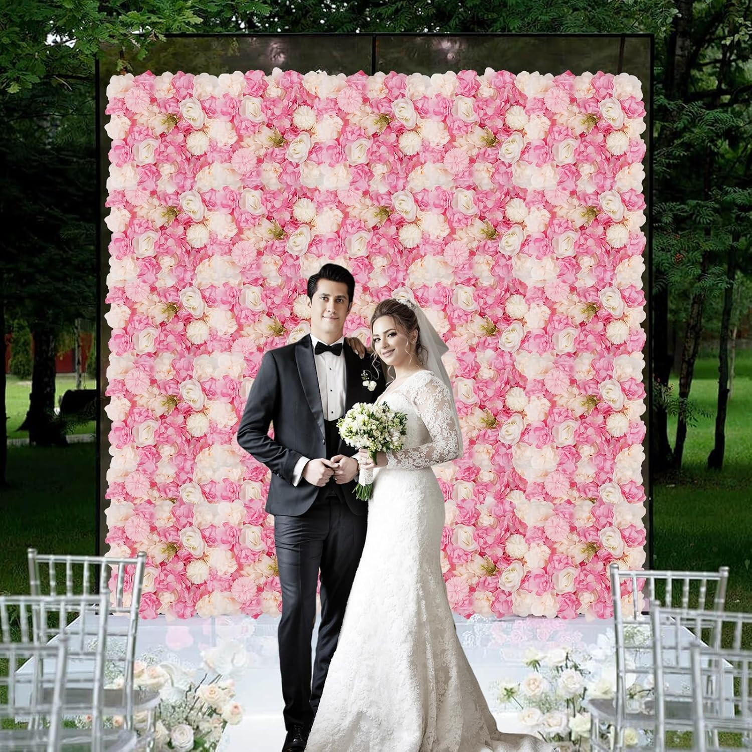 3D Flower Wall Backdrop – 12 Pink & White Silk Rose Panels for Events
