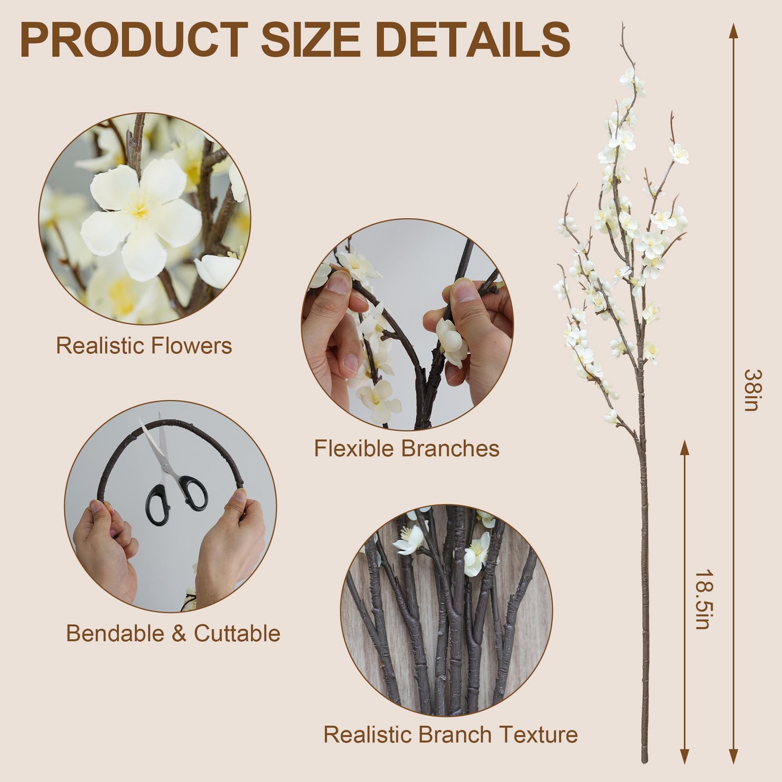 Cherry Blossom Branches 39 Inch 6PC White Cheery Blossom Branches for Decor