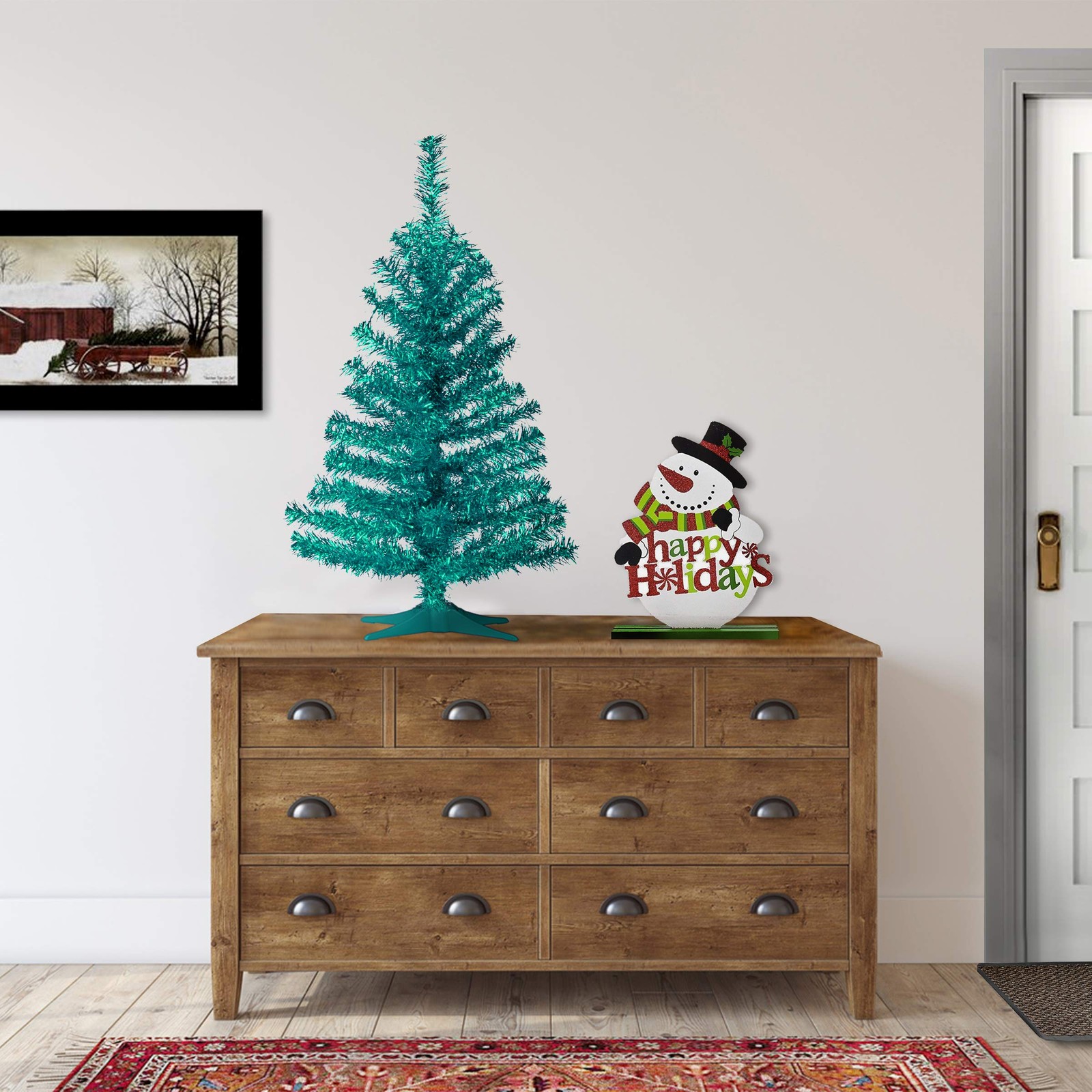 National Tree Company Artificial Christmas Tree, Turquoise Tinsel, Includes Stan