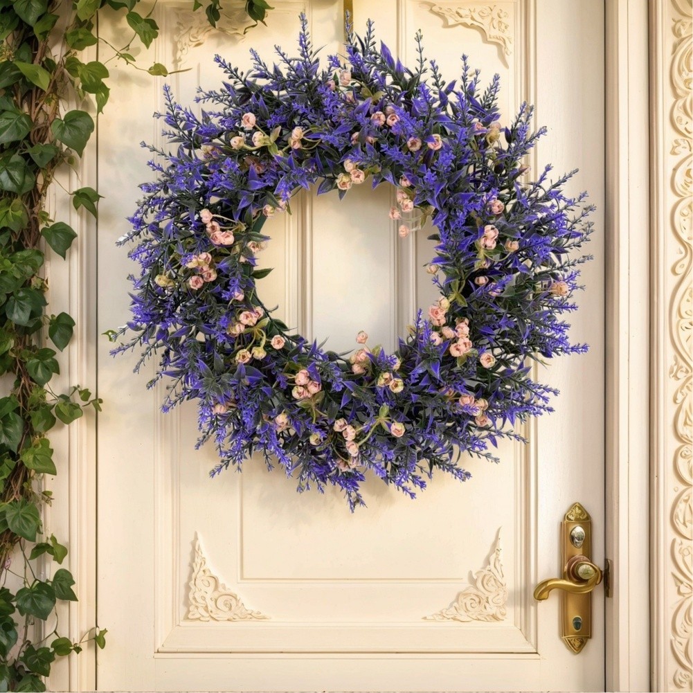 Lavender Flower Wreath 35cm Purple Artificial Decor for Door Wall Home Office