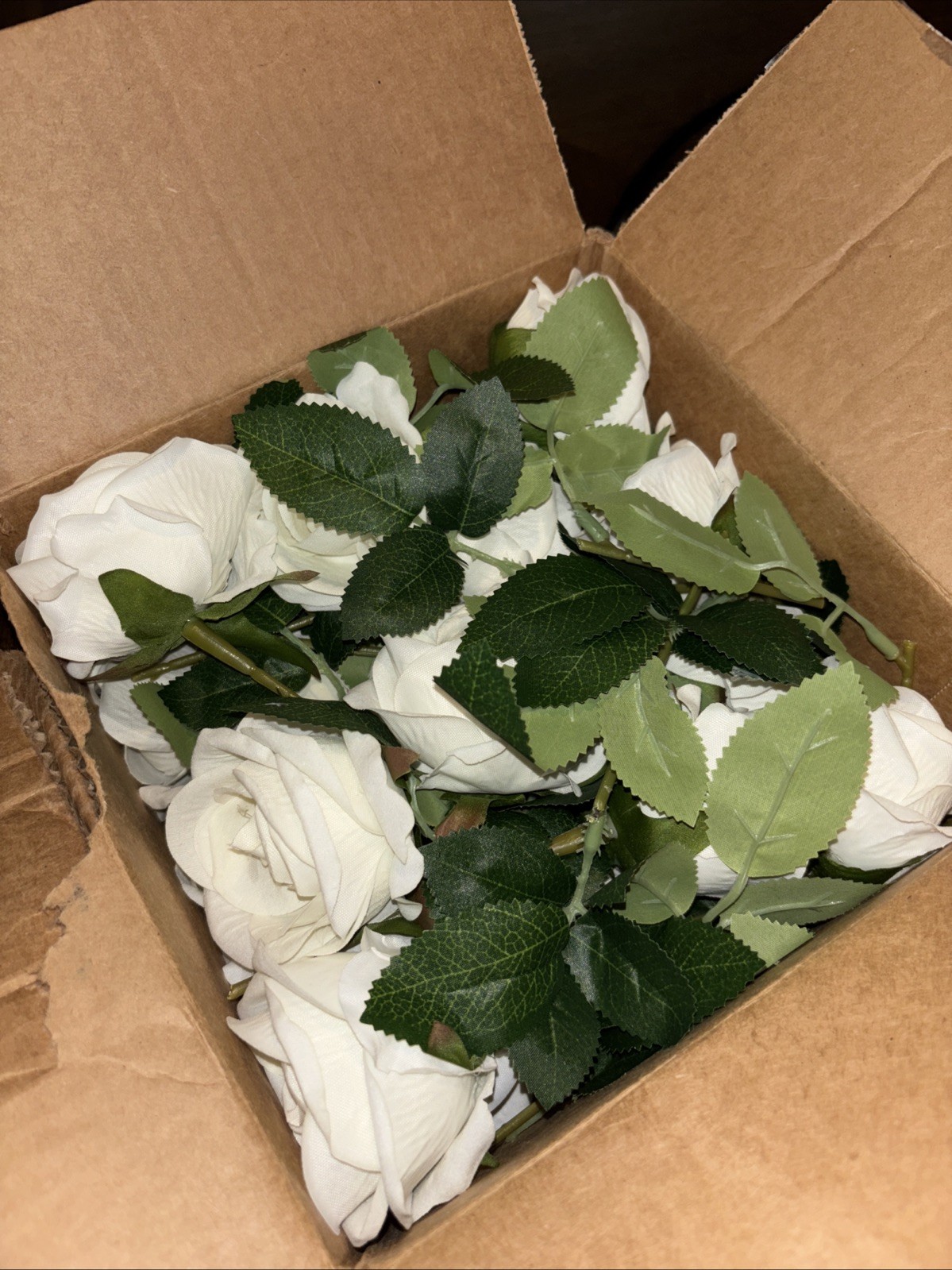 White Roses; 15 count, Artificial Flowers; Cut Stems; Short, with filler leaves