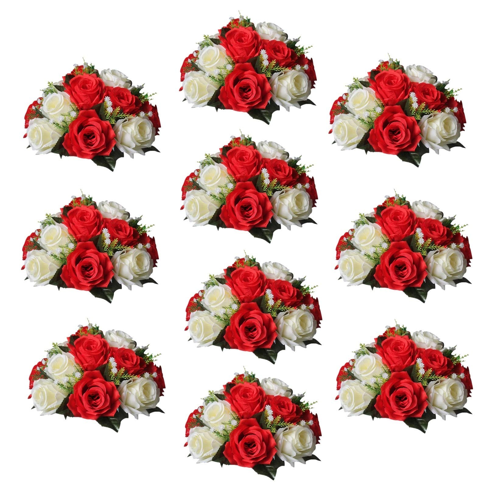 10pcs Red White Silk Artificial Flower Bouquets Home Wedding Decor 25cm