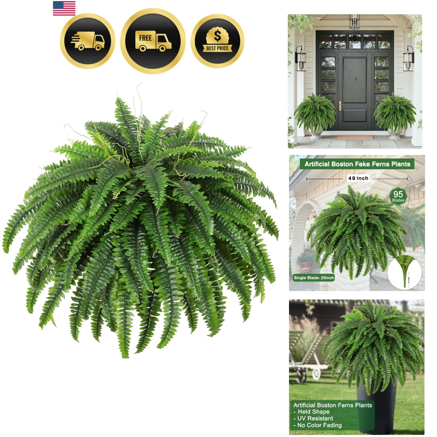 Single Silky Artificial Boston Fern Bush, 49Inch Large Artificial Ferns for O…