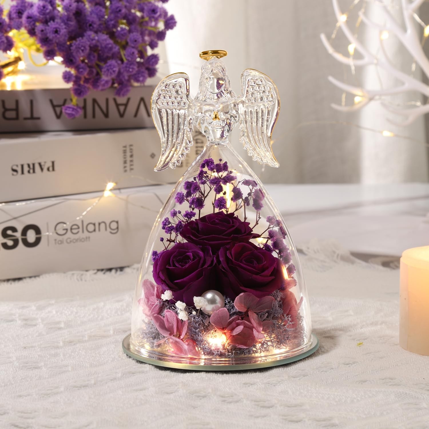 Gifts for Mom Gifts for ,Preserved Flowers Rose in Glass Angel Figurines Flow…