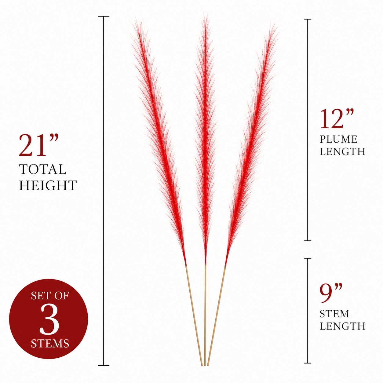 Red Pampas Grass Decor Set of 3 Faux Pampas Stems Red Floral Stems Patriotic Dec