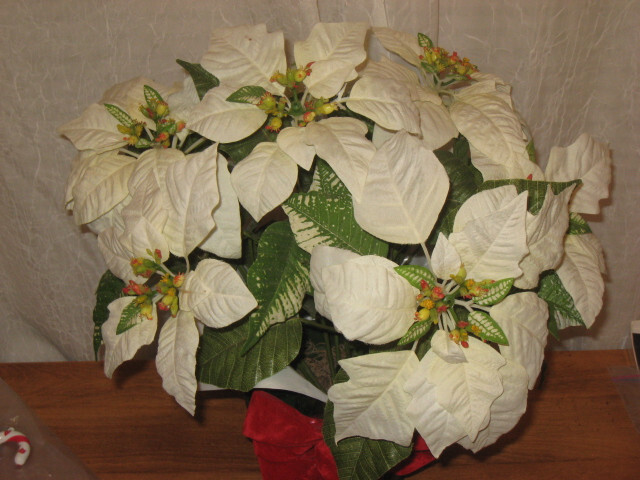 WHITE SILK POINSETTIA W/ DARK GREEN WRAP W/ RED VELVET BOW