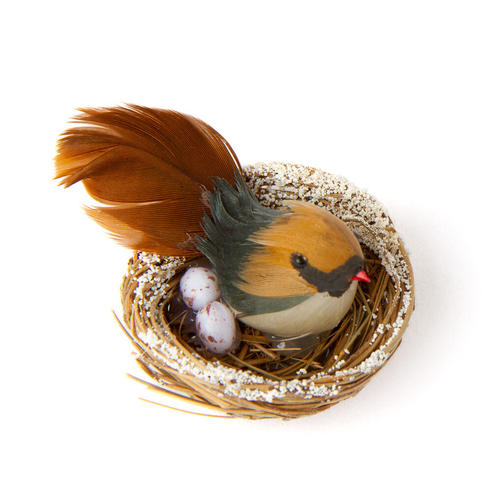 Bulk Pack of 12 Artificial 2″ Female Cardinals in 1-3/4″ Snowy Nests
