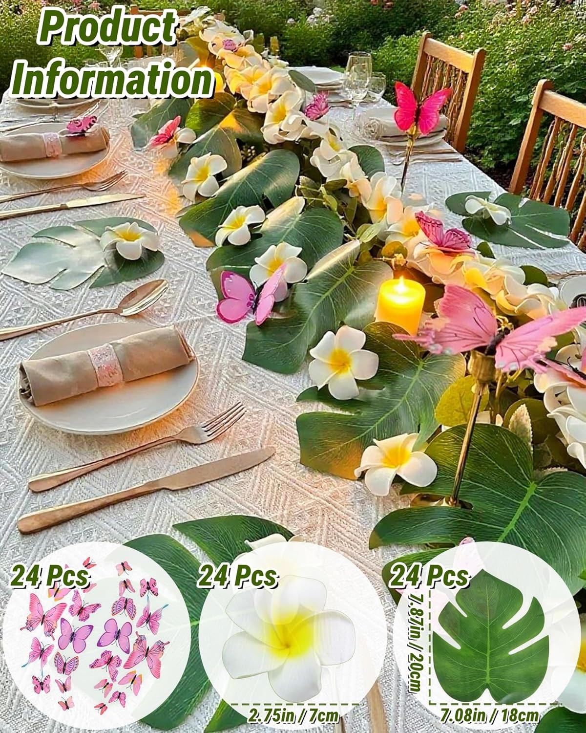 72Pcs Hawaiian Party Decor Set (Artificial Plumeria Flowers, Monstera Leaves, Bu