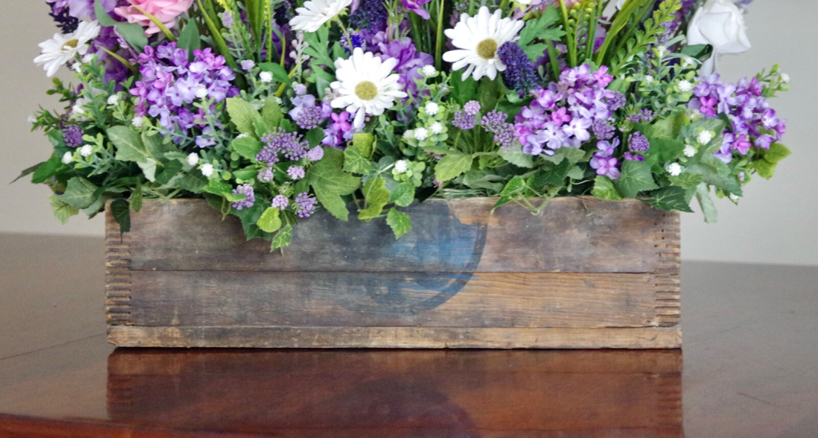 Vintage Wooden Box With Silk Pink and White Rose and Lavender Lilac Arrangement