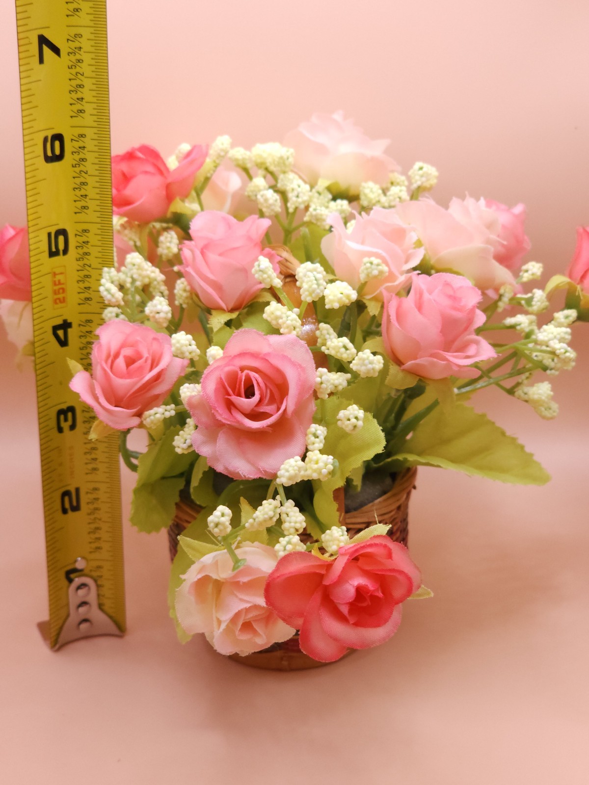 Romantic Pink Rose & Baby’s Breath Faux Floral Arrangement in Woven Basket