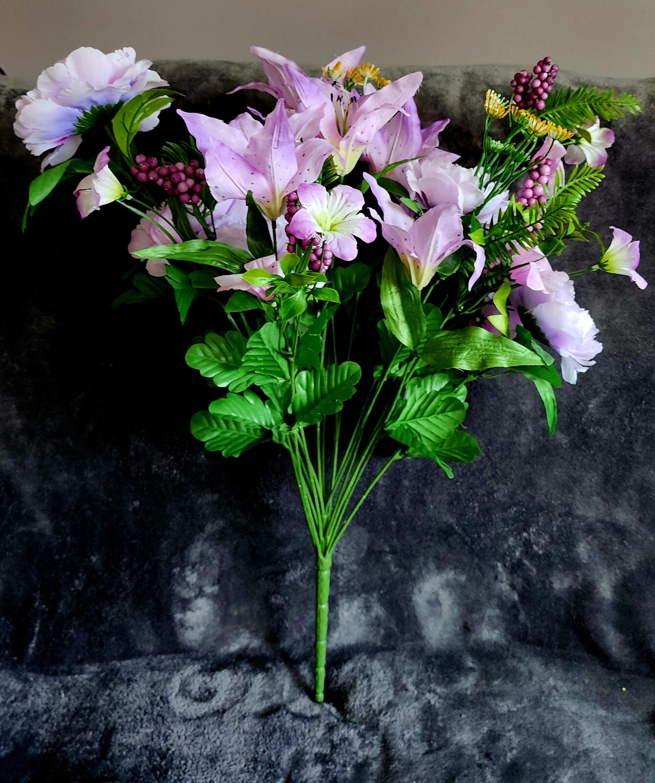 NWT spring summer blooming purple, yellow peony & tiger lily floral spray, 26″