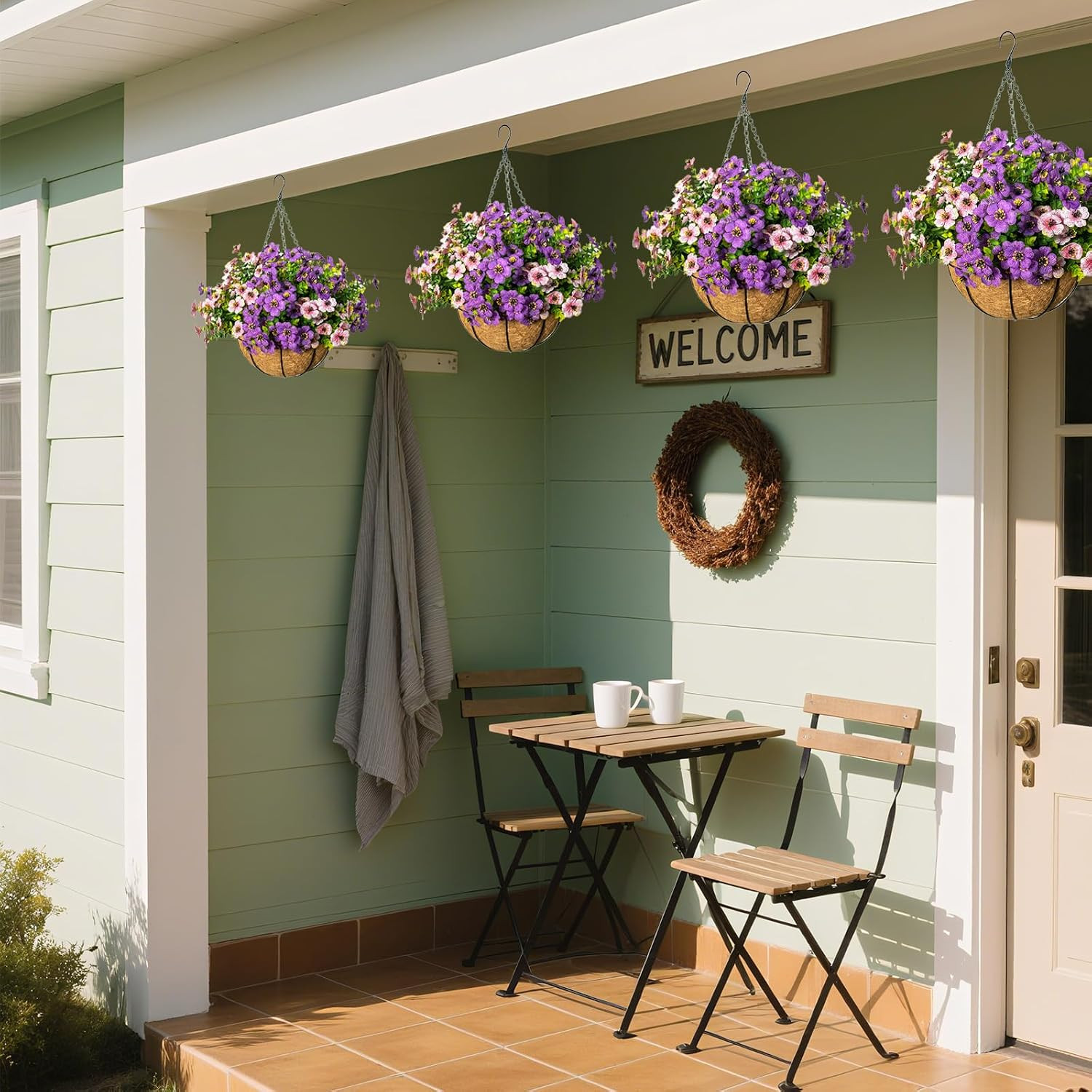 UV Resistant Artificial Hanging Flowers with Basket for Outdoor Decor, 12 Bundle