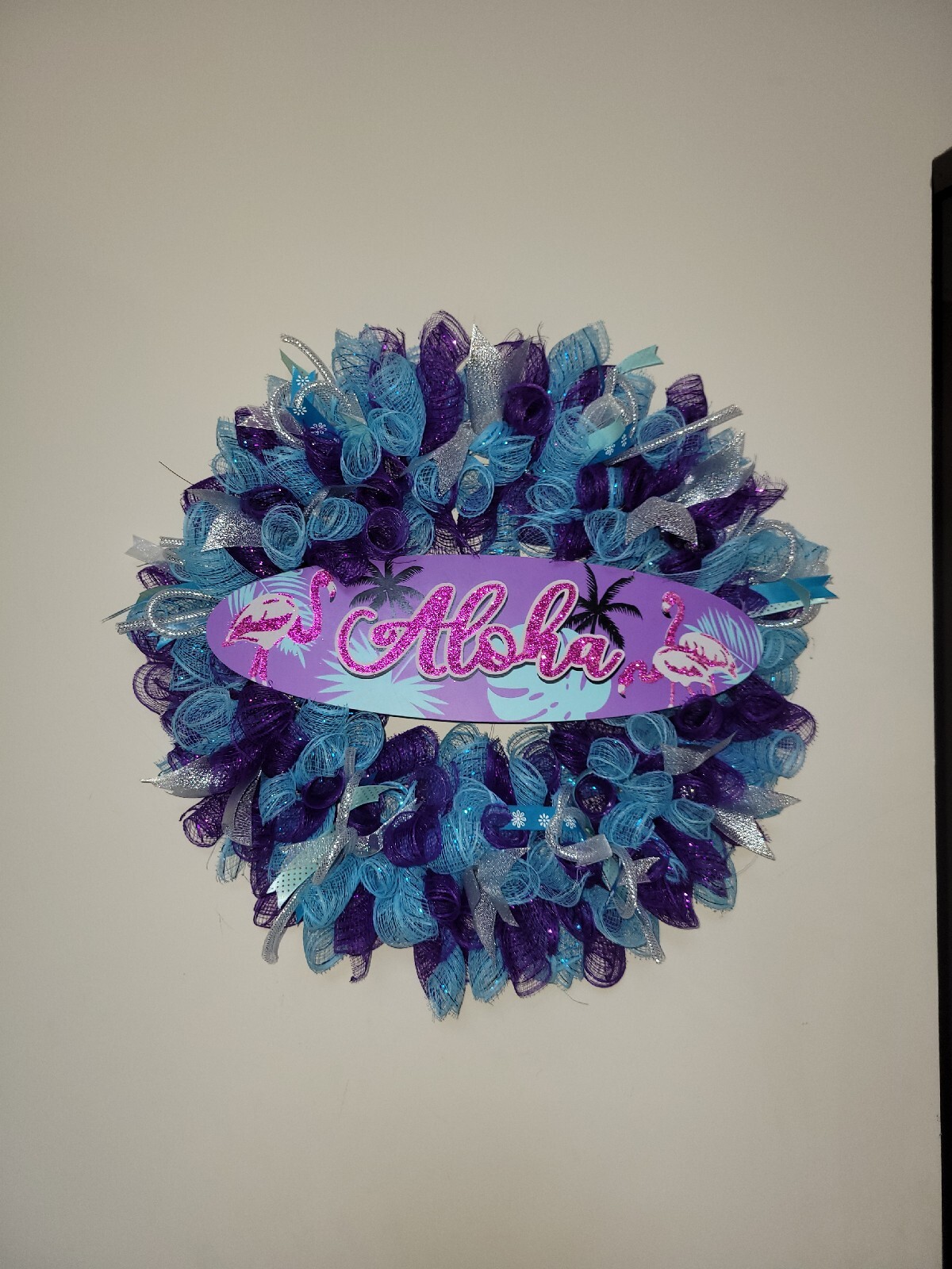 ALOHA Summer Spring Mesh Front Door Wreath Wall Decor BRIGHT Purple Pink Blue