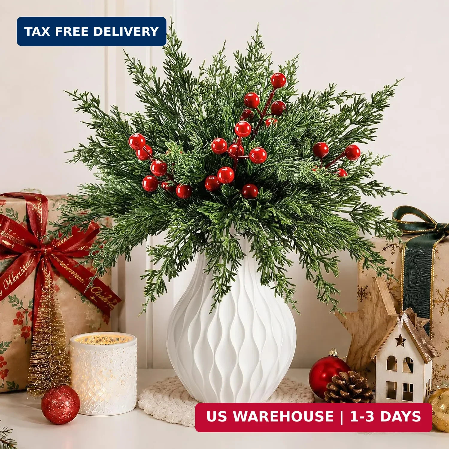 45Pcs Artificial Pine Branches with Red Berry Stems,Christmas Faux Green Cedar S