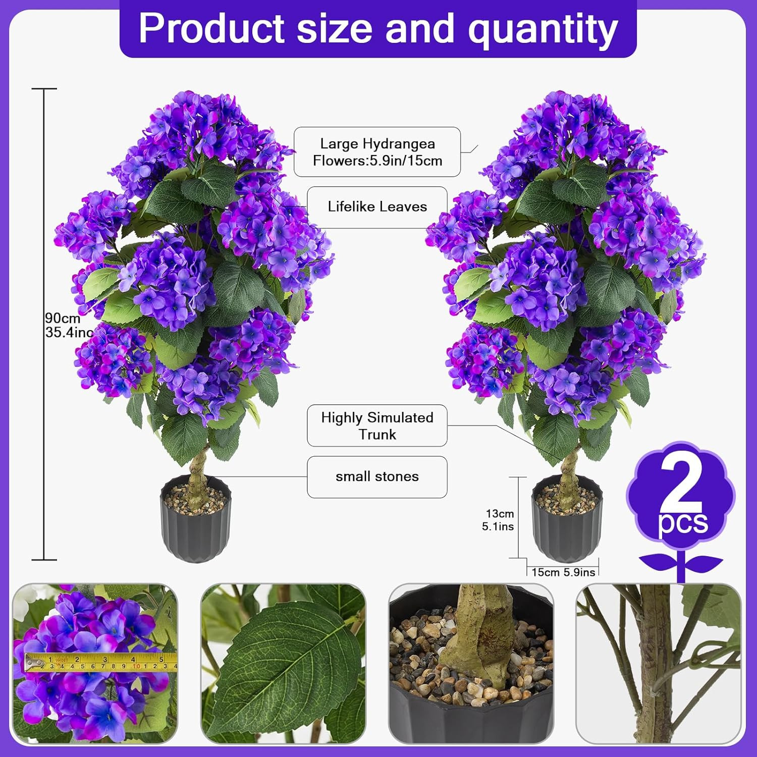 2 Pcs 3 Ft Artificial Hydrangea Trees Potted, UV Resistant Faux Silk Hydrangea P
